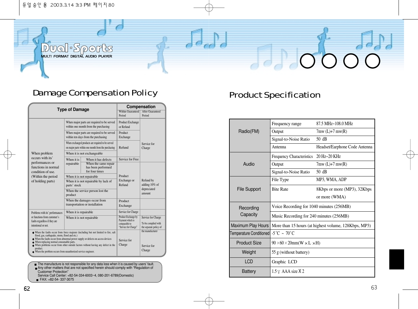 Damage Compensation PolicyType of Damage CompensationWithin Guaranteed After Guaranteed Period PeriodWhen problemoccurs with its’performances orfunctions in normalcondition of use.(Within the periodof holding parts)Problems with its’ performancesor functions from customer’sfaults regardless if they areintentional or not.When the faults occur from force majeure (including but not limited to fire, saltflood, gas, earthquake, storm, flood and etc.)When the faults occur from abnormal power supply or defects on access devicesWhen replacing normal consumable parts.When problems occur from other outside factors without having any defect in theproduct.When the problem occurs from unauthorized service engineer.Service forCharge Service forChargeWhen major parts are required to be servedwithin one month from the purchasingWhen major parts are required to be servedwithin ten days from the purchasingWhen exchanged products are required to be servedon major parts within one month from the purchasingWhen it is not exchangeable When it is When it has defectsrepairable  When the same repairhas been performedfor four times When it is not repairableWhen it is not repairable by lack ofparts’ stockWhen the service person lost theproductWhen the damages occur fromtransportation or installation When it is repairableWhen it is not repairableProduct Exchangeor RefundProductExchangeRefundService for FreeProductExchange orRefundProductExchangeService for ChargeProduct Exchange byPayment which iscomparable to“Service for Charge”Service forChargeRefund byadding 10% ofdepreciatedamountService for ChargeTo be complied withthe separate policy ofthe manufacturerThe manufacture is not responsible for any data loss when it is caused by users’ fault. Any other matters that are not specified herein should comply with “Regulation ofCustomer Protection”Service Call Center: +82-54-334-6003~4, 080-201-6789(Domestic) FAX: +82-54- 337-3075Frequency range87.5 MHz~108.0 MHzRadio(FM) Output 7mw (L)+7 mw(R) Signal-to-Noise Ratio50  dB            Antenna Headset/Earphone Code AntennaFrequency Characteristics20 Hz~20 KHzAudioOutput7mw (L)+7 mw(R)Signal-to-Noise Ratio50  dBFile Type MP3, WMA, ADPFile Support   Bite Rate  8Kbps or more (MP3), 32Kbpsor more (WMA)Recording Voice Recording for 1040 minutes (256MB) Capacity Music Recording for 240 minutes (256MB) Maximum Play HoursMore than 15 hours (at highest volume, 128Kbps, MP3)Temperature Conditioned-5 C  ~  70 CProduct Size90 60 20mm(W LH)  Weight55 g (without battery)  LCDGraphic  LCDBattery 1.5 AAA size X2Product Specification