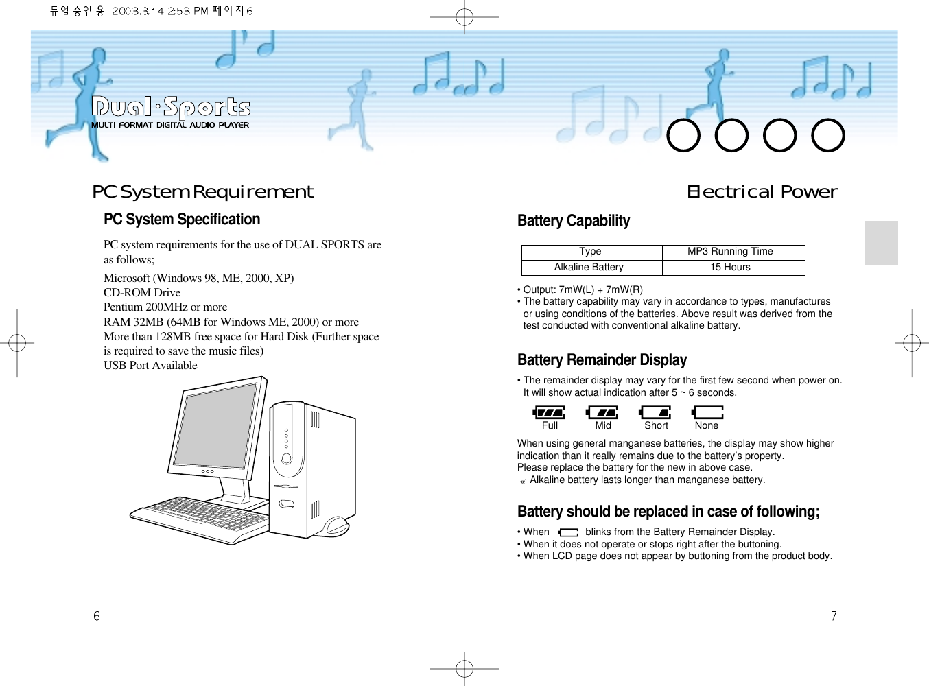 Electrical PowerPC System RequirementPC system requirements for the use of DUAL SPORTS areas follows;Microsoft (Windows 98, ME, 2000, XP)CD-ROM DrivePentium 200MHz or moreRAM 32MB (64MB for Windows ME, 2000) or moreMore than 128MB free space for Hard Disk (Further spaceis required to save the music files)USB Port AvailablePC System Specification• Output: 7mW(L) + 7mW(R)• The battery capability may vary in accordance to types, manufacturesor using conditions of the batteries. Above result was derived from thetest conducted with conventional alkaline battery.• The remainder display may vary for the first few second when power on.It will show actual indication after 5 ~ 6 seconds.When using general manganese batteries, the display may show higher indication than it really remains due to the battery’s property. Please replace the battery for the new in above case.Alkaline battery lasts longer than manganese battery.Battery CapabilityBattery Remainder Display• When             blinks from the Battery Remainder Display.• When it does not operate or stops right after the buttoning.   • When LCD page does not appear by buttoning from the product body.Battery should be replaced in case of following;Type  MP3 Running TimeAlkaline Battery 15 HoursFull Mid Short None