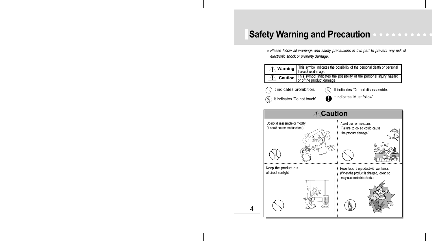 4Safety Warning and PrecautionPlease follow all warnings and safety precautions in this part to prevent any risk ofelectronic shock or property damage.This symbol indicates the possibility of the personal death or personalhazardous damage.This symbol indicates the possibility of the personal injury hazardor of the product damage.WarningCautionIt indicates &apos;Do not disassemble.It indicates prohibition.It indicates &apos;Must follow&apos;. It indicates &apos;Do not touch&apos;.  Do not disassemble or modify. (It could cause malfunction.)Avoid dust or moisture. (Failure to do so could causethe product damage.)Never touch the product with wet hands. (When the product is charged,  doing somay cause electric shock.) Keep the product outof direct sunlight.Caution