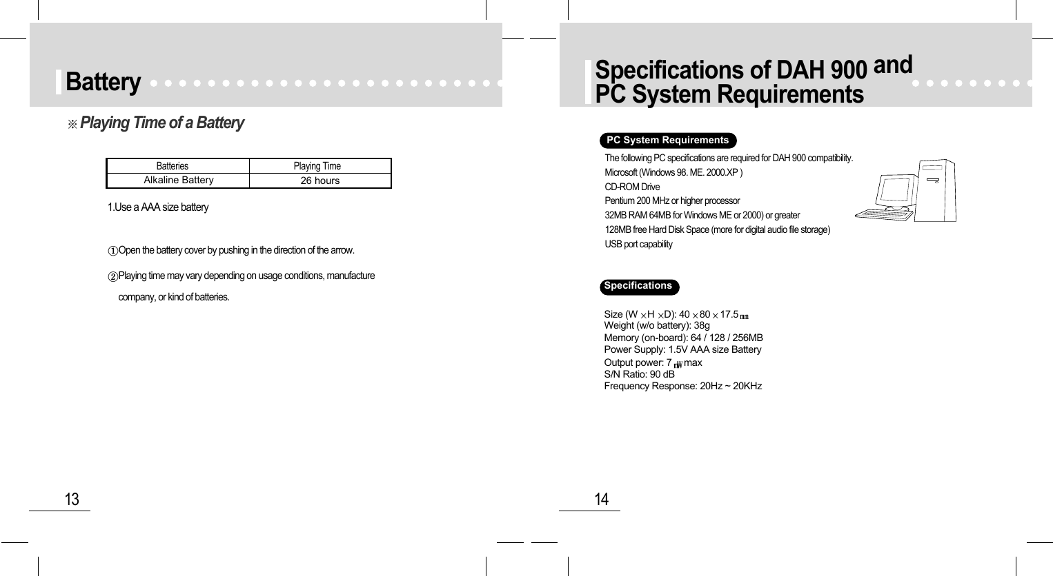 14Specifications of DAH 900 andPC System Requirements13Battery1.Use a AAA size batteryOpen the battery cover by pushing in the direction of the arrow.Playing time may vary depending on usage conditions, manufacture company, or kind of batteries.Batteries                                                 Playing TimeAlkaline Battery 26 hoursPlaying Time of a BatterySpecificationsPC System RequirementsThe following PC specifications are required for DAH 900 compatibility.Microsoft (Windows 98. ME. 2000.XP )CD-ROM DrivePentium 200 MHz or higher processor32MB RAM 64MB for Windows ME or 2000) or greater128MB free Hard Disk Space (more for digital audio file storage)USB port capabilitySize (W HD): 40 80 17.5Weight (w/o battery): 38gMemory (on-board): 64 / 128 / 256MBPower Supply: 1.5V AAA size BatteryOutput power: 7 maxS/N Ratio: 90 dBFrequency Response: 20Hz ~ 20KHz