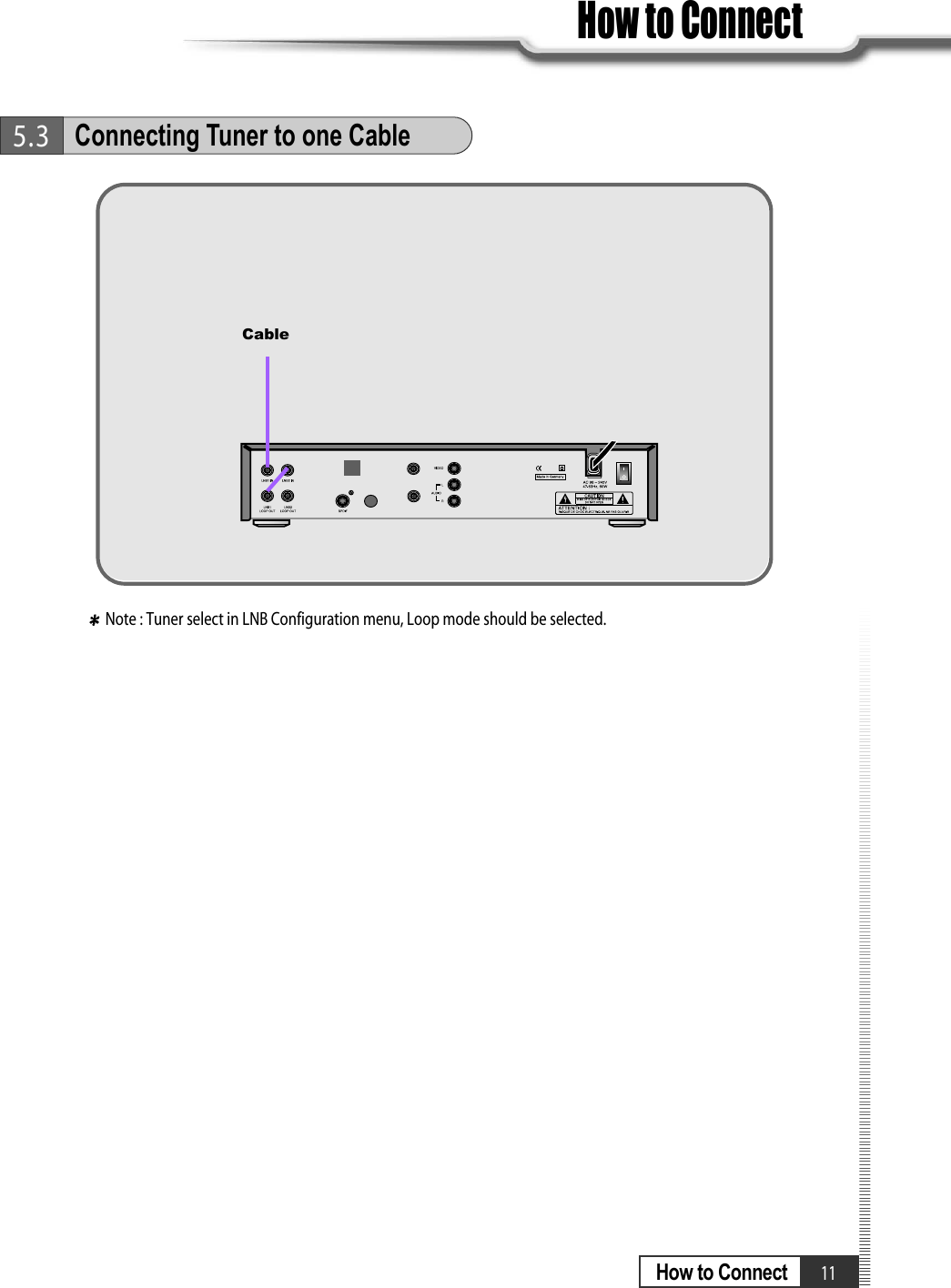 11How to ConnectHow to ConnectNote : Tuner select in LNB Configuration menu, Loop mode should be selected.5.3Connecting Tuner to one CableCable