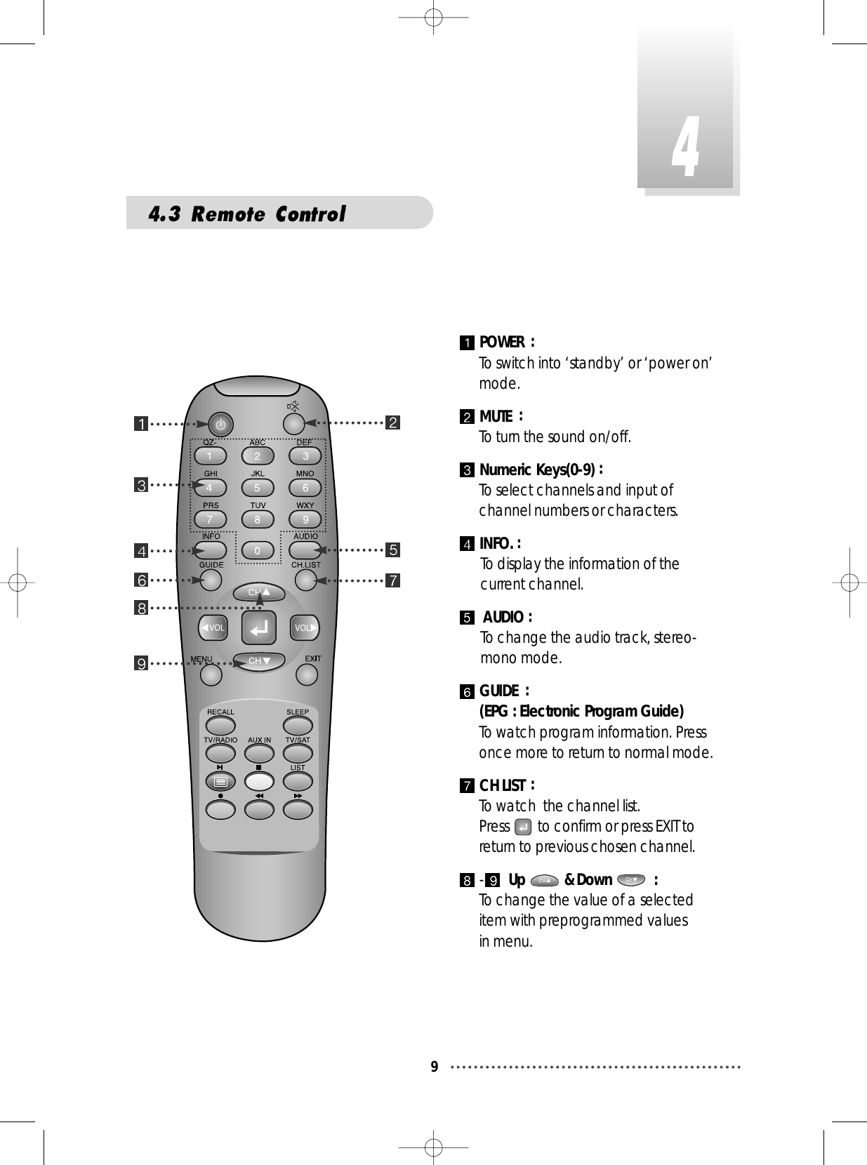 9POWER  :To switch into ‘standby’ or ‘power on’mode.MUTE  : To turn the sound on/off.Numeric Keys(0-9) : To select channels and input ofchannel numbers or characters.INFO. :To display the information of thecurrent channel.AUDIO :To change the audio track, stereo-mono mode.GUIDE  :(EPG : Electronic Program Guide)To watch program information. Pressonce more to return to normal mode.CH LIST  :To watch  the channel list. Press  to confirm or press EXIT toreturn to previous chosen channel.-Up &amp; Down  :To change the value of a selecteditem with preprogrammed values in menu. 