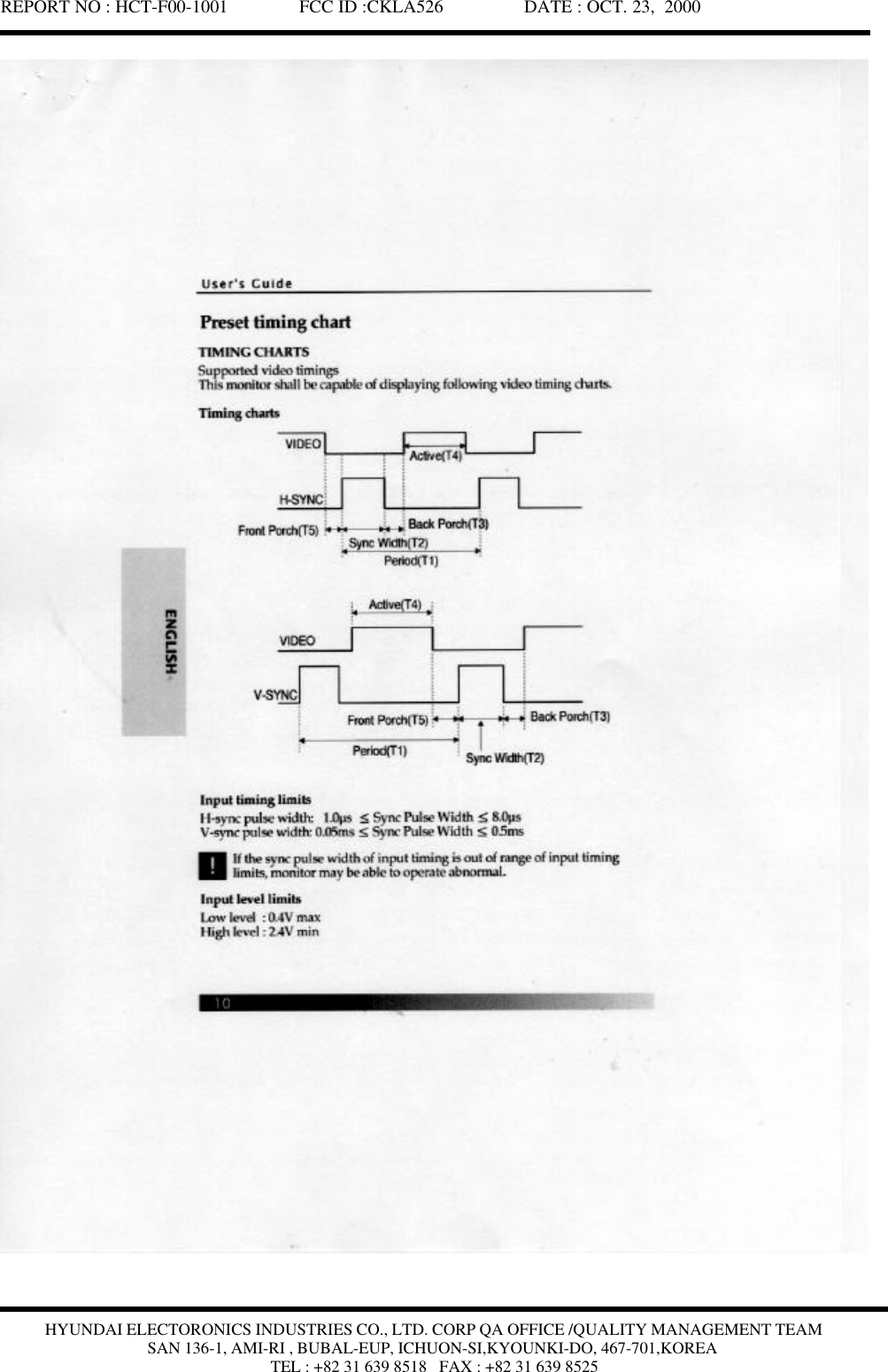 REPORT NO : HCT-F00-1001               FCC ID :CKLA526                 DATE : OCT. 23,  2000HYUNDAI ELECTORONICS INDUSTRIES CO., LTD. CORP QA OFFICE /QUALITY MANAGEMENT TEAMSAN 136-1, AMI-RI , BUBAL-EUP, ICHUON-SI,KYOUNKI-DO, 467-701,KOREATEL : +82 31 639 8518   FAX : +82 31 639 8525