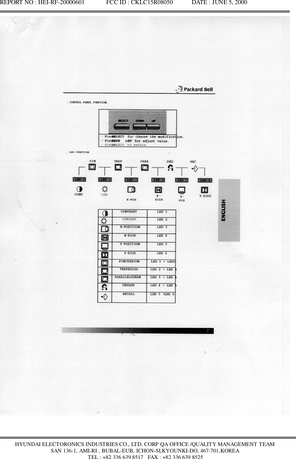 REPORT NO : HEI-RF-20000601              FCC ID : CKLC15R08050            DATE : JUNE 5, 2000HYUNDAI ELECTORONICS INDUSTRIES CO., LTD. CORP QA OFFICE /QUALITY MANAGEMENT TEAMSAN 136-1, AMI-RI , BUBAL-EUB, ICHON-SI,KYOUNKI-DO, 467-701,KOREA TEL : +82 336 639 8517   FAX : +82 336 639 8525