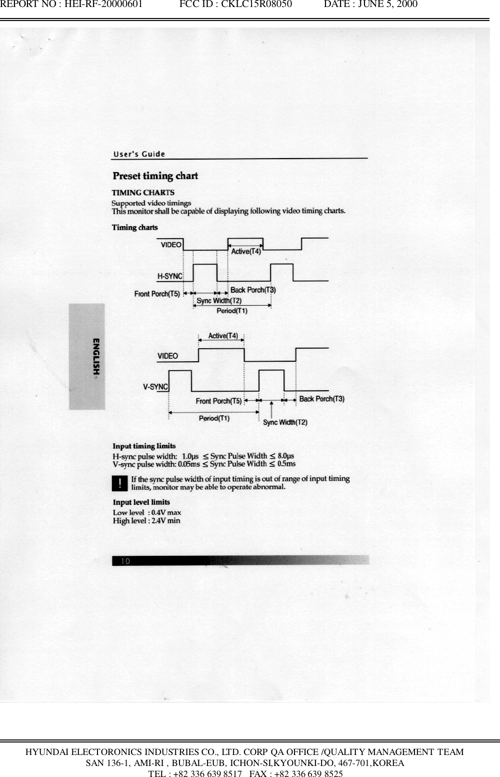 REPORT NO : HEI-RF-20000601              FCC ID : CKLC15R08050            DATE : JUNE 5, 2000HYUNDAI ELECTORONICS INDUSTRIES CO., LTD. CORP QA OFFICE /QUALITY MANAGEMENT TEAMSAN 136-1, AMI-RI , BUBAL-EUB, ICHON-SI,KYOUNKI-DO, 467-701,KOREA TEL : +82 336 639 8517   FAX : +82 336 639 8525