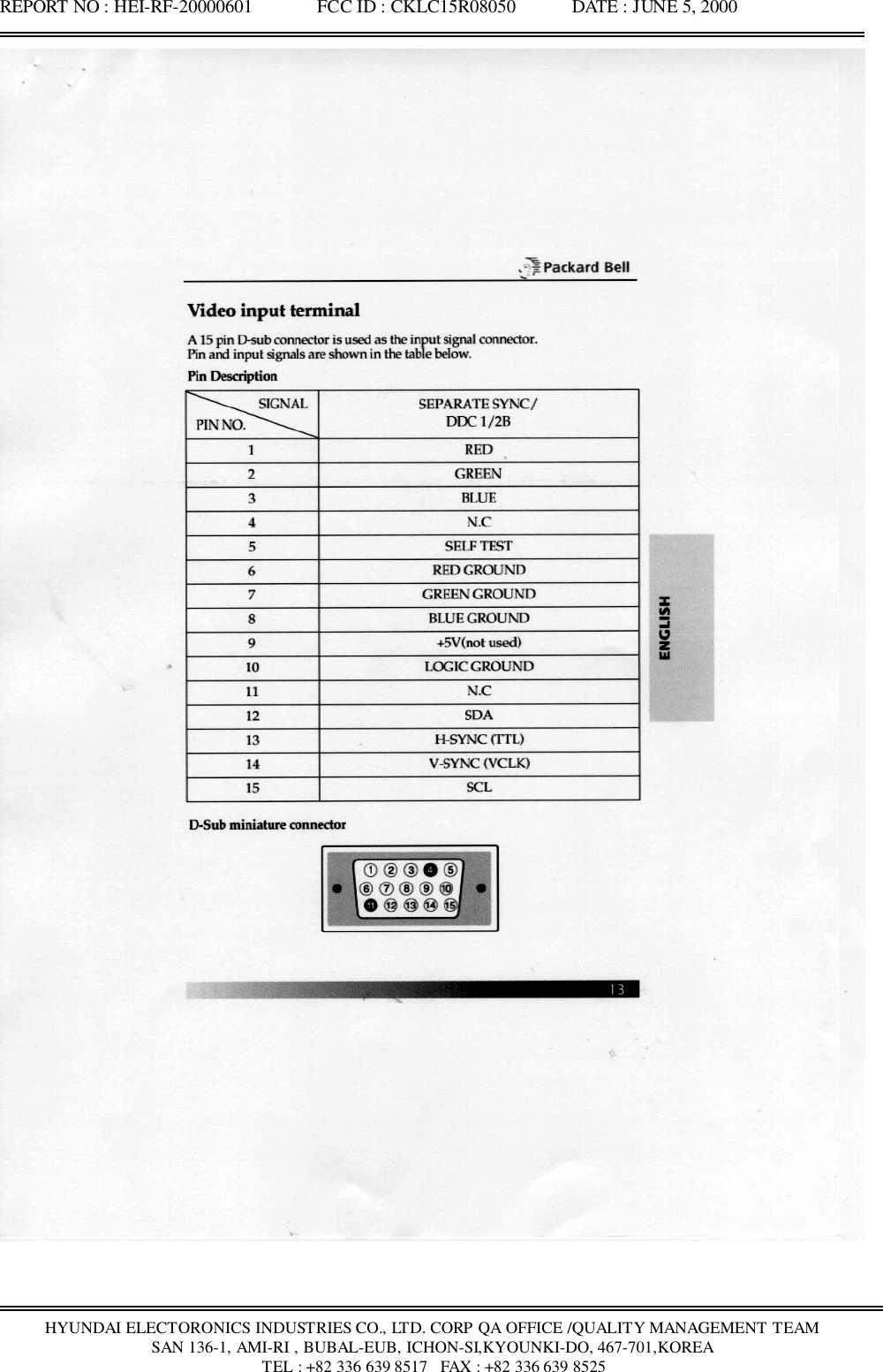 REPORT NO : HEI-RF-20000601              FCC ID : CKLC15R08050            DATE : JUNE 5, 2000HYUNDAI ELECTORONICS INDUSTRIES CO., LTD. CORP QA OFFICE /QUALITY MANAGEMENT TEAMSAN 136-1, AMI-RI , BUBAL-EUB, ICHON-SI,KYOUNKI-DO, 467-701,KOREA TEL : +82 336 639 8517   FAX : +82 336 639 8525