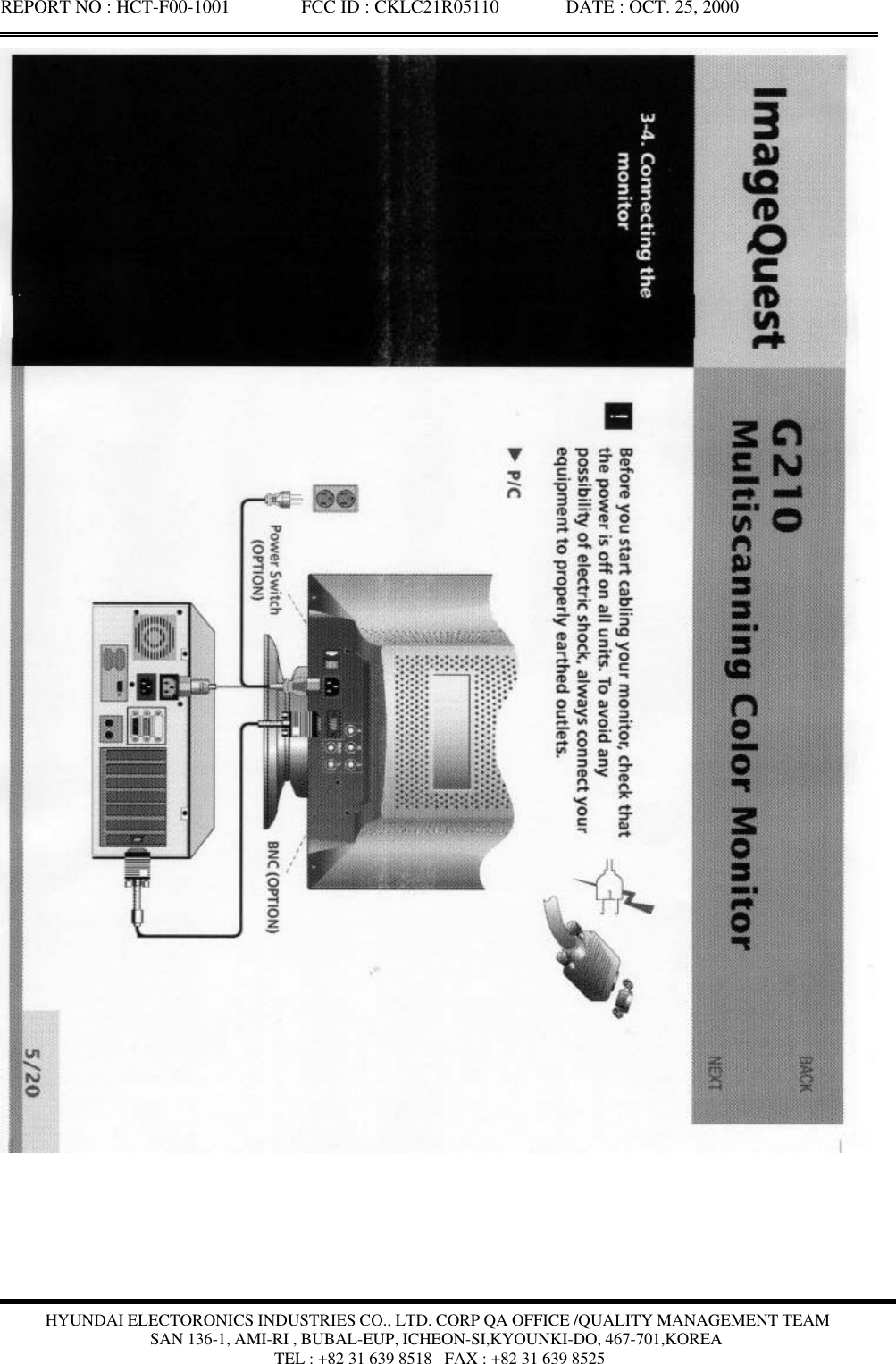 REPORT NO : HCT-F00-1001               FCC ID : CKLC21R05110              DATE : OCT. 25, 2000HYUNDAI ELECTORONICS INDUSTRIES CO., LTD. CORP QA OFFICE /QUALITY MANAGEMENT TEAMSAN 136-1, AMI-RI , BUBAL-EUP, ICHEON-SI,KYOUNKI-DO, 467-701,KOREA TEL : +82 31 639 8518   FAX : +82 31 639 8525