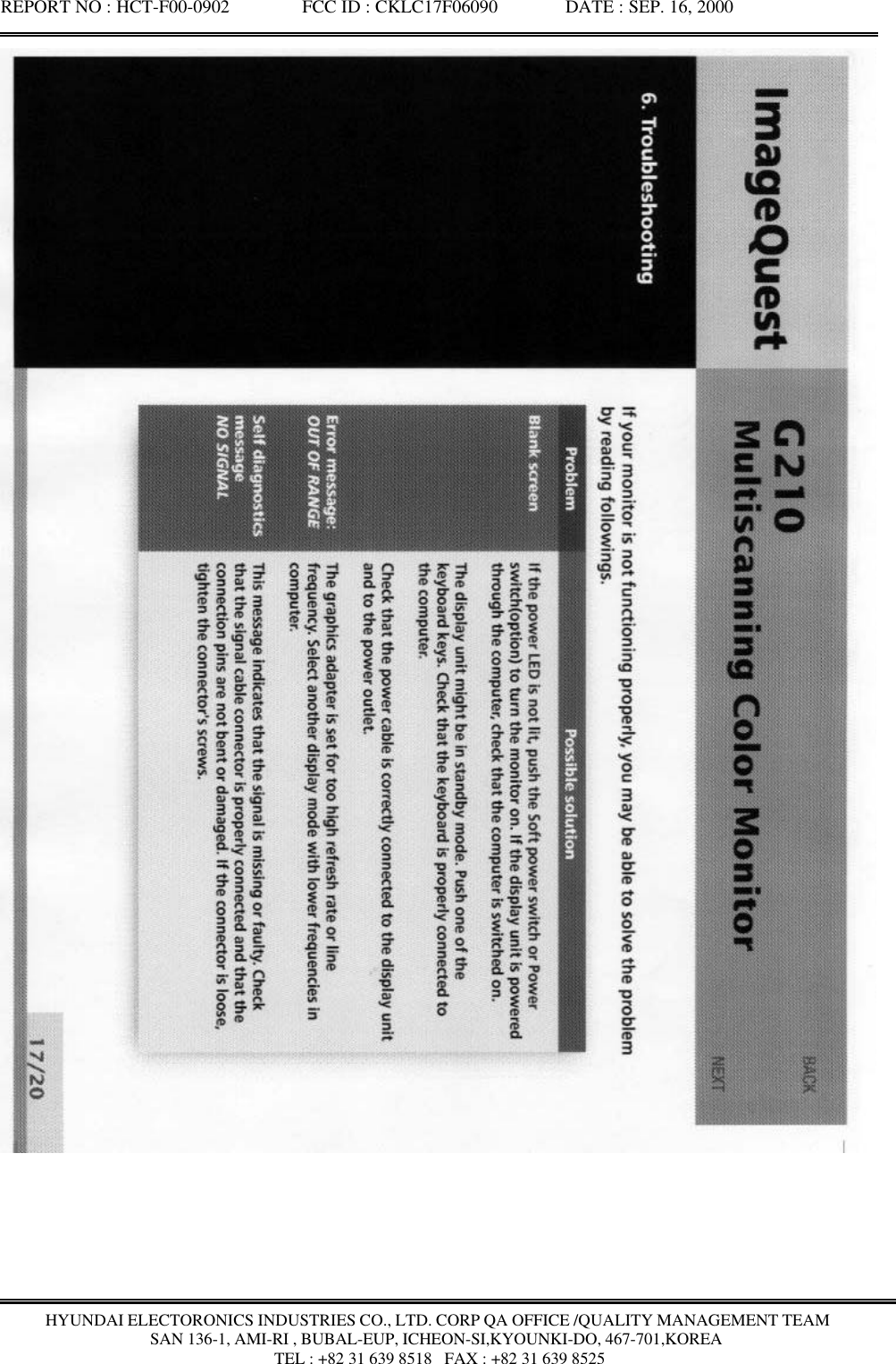 REPORT NO : HCT-F00-0902               FCC ID : CKLC17F06090              DATE : SEP. 16, 2000HYUNDAI ELECTORONICS INDUSTRIES CO., LTD. CORP QA OFFICE /QUALITY MANAGEMENT TEAMSAN 136-1, AMI-RI , BUBAL-EUP, ICHEON-SI,KYOUNKI-DO, 467-701,KOREA TEL : +82 31 639 8518   FAX : +82 31 639 8525