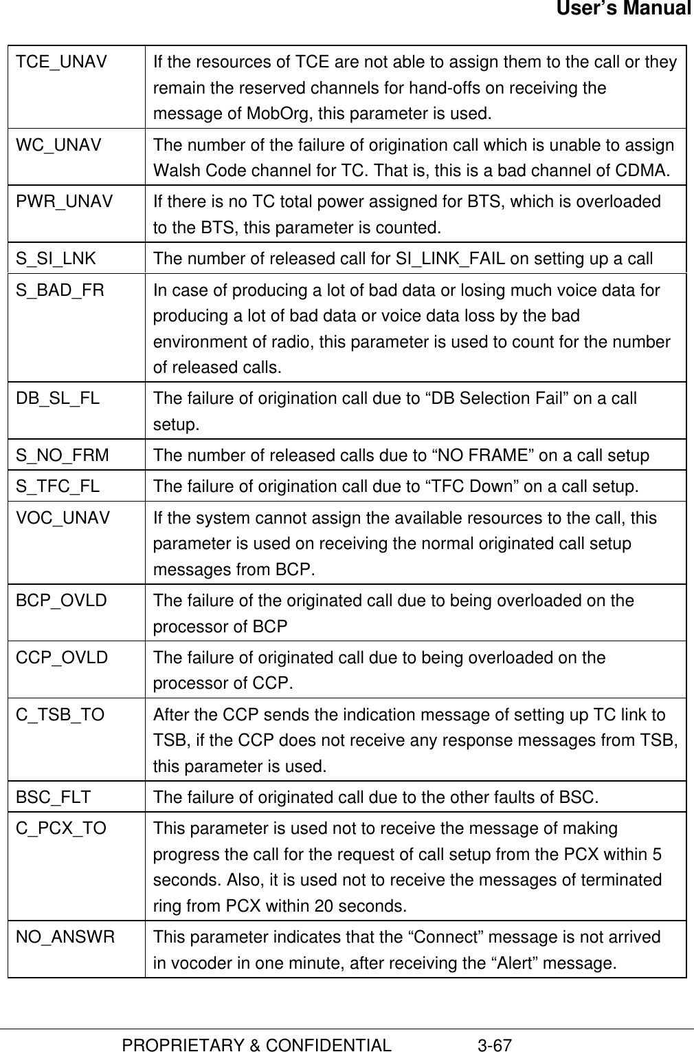 User’s Manual                         PROPRIETARY &amp; CONFIDENTIAL                  3-67TCE_UNAV If the resources of TCE are not able to assign them to the call or theyremain the reserved channels for hand-offs on receiving themessage of MobOrg, this parameter is used.WC_UNAV The number of the failure of origination call which is unable to assignWalsh Code channel for TC. That is, this is a bad channel of CDMA.PWR_UNAV If there is no TC total power assigned for BTS, which is overloadedto the BTS, this parameter is counted.S_SI_LNK The number of released call for SI_LINK_FAIL on setting up a callS_BAD_FR In case of producing a lot of bad data or losing much voice data forproducing a lot of bad data or voice data loss by the badenvironment of radio, this parameter is used to count for the numberof released calls.DB_SL_FL The failure of origination call due to “DB Selection Fail” on a callsetup.S_NO_FRM The number of released calls due to “NO FRAME” on a call setupS_TFC_FL The failure of origination call due to “TFC Down” on a call setup.VOC_UNAV If the system cannot assign the available resources to the call, thisparameter is used on receiving the normal originated call setupmessages from BCP.BCP_OVLD The failure of the originated call due to being overloaded on theprocessor of BCPCCP_OVLD The failure of originated call due to being overloaded on theprocessor of CCP.C_TSB_TO After the CCP sends the indication message of setting up TC link toTSB, if the CCP does not receive any response messages from TSB,this parameter is used.BSC_FLT The failure of originated call due to the other faults of BSC.C_PCX_TO This parameter is used not to receive the message of makingprogress the call for the request of call setup from the PCX within 5seconds. Also, it is used not to receive the messages of terminatedring from PCX within 20 seconds.NO_ANSWR This parameter indicates that the “Connect” message is not arrivedin vocoder in one minute, after receiving the “Alert” message.