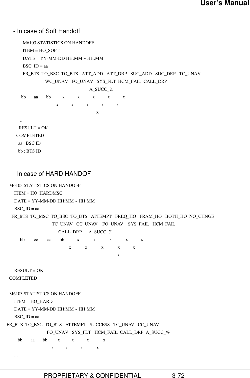 User’s Manual                         PROPRIETARY &amp; CONFIDENTIAL                  3-72  - In case of Soft Handoff M6103 STATISTICS ON HANDOFF ITEM = HO_SOFT DATE = YY-MM-DD HH:MM ~ HH:MM BSC_ID = aa FR_BTS  TO_BSC  TO_BTS   ATT_ADD   ATT_DRP   SUC_ADD   SUC_DRP   TC_UNAV                         WC_UNAV   FO_UNAV   SYS_FLT  HCM_FAIL  CALL_DRP A_SUCC_%       bb       aa       bb          x           x           x           x           x                                     x           x           x           x           x   x      ...     RESULT = OK       COMPLETED     aa : BSC ID     bb : BTS ID  - In case of HARD HANDOF M6103 STATISTICS ON HANDOFF ITEM = HO_HARDMSC DATE = YY-MM-DD HH:MM ~ HH:MM BSC_ID = aa   FR_BTS  TO_MSC  TO_BSC  TO_BTS   ATTEMPT   FREQ_HO   FRAM_HO   BOTH_HO  NO_CHNGE                                             TC_UNAV   CC_UNAV    FO_UNAV    SYS_FAIL   HCM_FAIL                                       CALL_DRP A_SUCC_%      bb        cc        aa       bb           x            x            x            x           x                                                x            x            x            x           x        x ... RESULT = OK COMPLETED  M6103 STATISTICS ON HANDOFF ITEM = HO_HARD DATE = YY-MM-DD HH:MM ~ HH:MM BSC_ID = aa      FR_BTS  TO_BSC  TO_BTS   ATTEMPT   SUCCESS   TC_UNAV   CC_UNAV                             FO_UNAV   SYS_FLT   HCM_FAIL  CALL_DRP  A_SUCC_%    bb       aa       bb         x          x           x            x                                 x          x           x            x ...