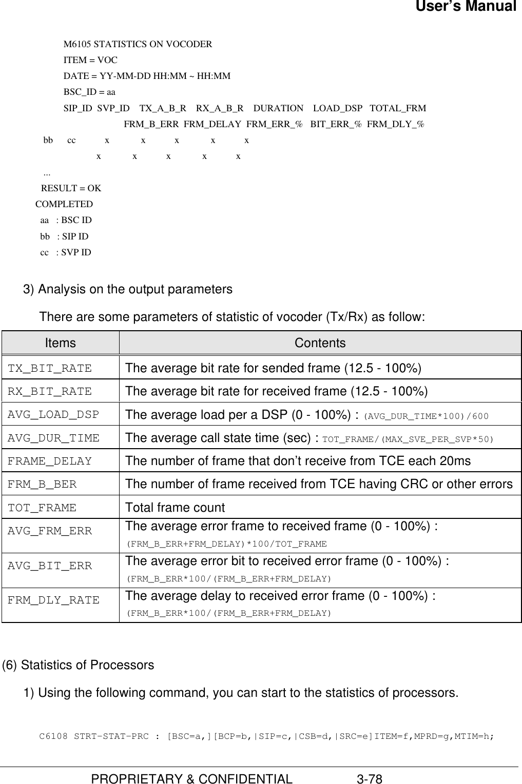 User’s Manual                         PROPRIETARY &amp; CONFIDENTIAL                  3-78 M6105 STATISTICS ON VOCODER ITEM = VOC DATE = YY-MM-DD HH:MM ~ HH:MM BSC_ID = aa SIP_ID  SVP_ID    TX_A_B_R    RX_A_B_R    DURATION    LOAD_DSP   TOTAL_FRM                               FRM_B_ERR  FRM_DELAY  FRM_ERR_%   BIT_ERR_%  FRM_DLY_%              bb      cc            x             x            x             x            x                                    x             x            x             x            x              ...             RESULT = OK               COMPLETED                 aa   : BSC ID                 bb   : SIP ID                 cc   : SVP ID 3) Analysis on the output parametersThere are some parameters of statistic of vocoder (Tx/Rx) as follow:Items ContentsTX_BIT_RATE The average bit rate for sended frame (12.5 - 100%)RX_BIT_RATE The average bit rate for received frame (12.5 - 100%)AVG_LOAD_DSP The average load per a DSP (0 - 100%) : (AVG_DUR_TIME*100)/600AVG_DUR_TIME The average call state time (sec) : TOT_FRAME/(MAX_SVE_PER_SVP*50)FRAME_DELAY The number of frame that don’t receive from TCE each 20msFRM_B_BER The number of frame received from TCE having CRC or other errorsTOT_FRAME Total frame countAVG_FRM_ERR The average error frame to received frame (0 - 100%) :(FRM_B_ERR+FRM_DELAY)*100/TOT_FRAMEAVG_BIT_ERR The average error bit to received error frame (0 - 100%) :(FRM_B_ERR*100/(FRM_B_ERR+FRM_DELAY)FRM_DLY_RATE The average delay to received error frame (0 - 100%) :(FRM_B_ERR*100/(FRM_B_ERR+FRM_DELAY)(6) Statistics of Processors1) Using the following command, you can start to the statistics of processors.C6108 STRT-STAT-PRC : [BSC=a,][BCP=b,|SIP=c,|CSB=d,|SRC=e]ITEM=f,MPRD=g,MTIM=h;