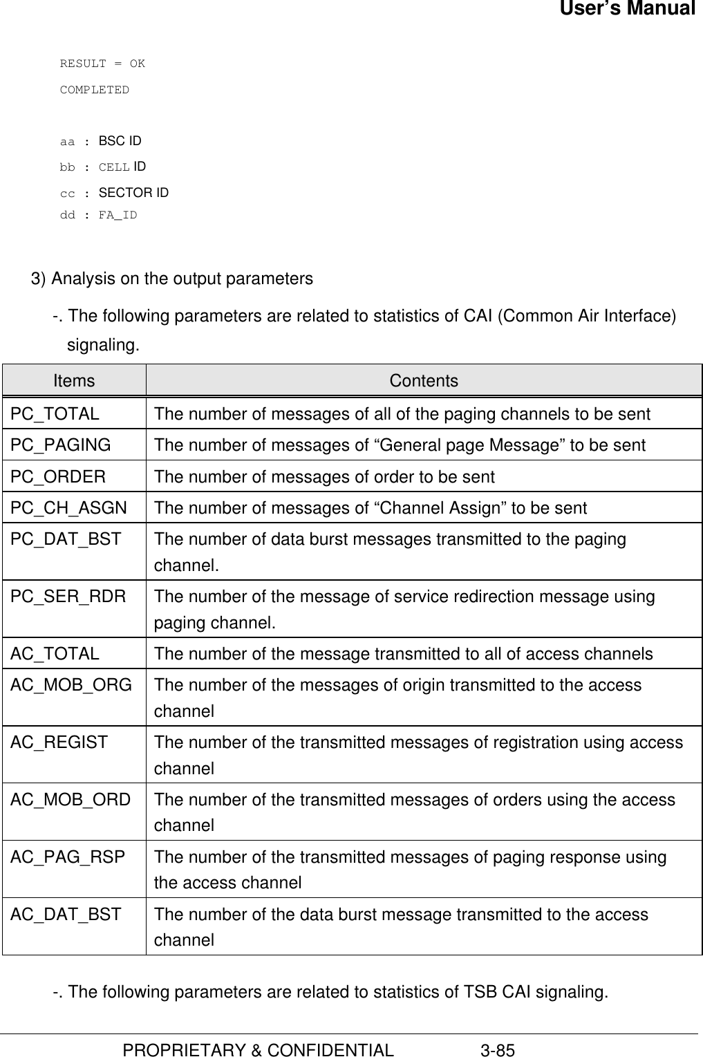 User’s Manual                         PROPRIETARY &amp; CONFIDENTIAL                  3-85RESULT = OKCOMPLETEDaa : BSC IDbb : CELL IDcc : SECTOR ID dd : FA_ID 3) Analysis on the output parameters-. The following parameters are related to statistics of CAI (Common Air Interface)signaling.Items ContentsPC_TOTAL The number of messages of all of the paging channels to be sentPC_PAGING The number of messages of “General page Message” to be sentPC_ORDER The number of messages of order to be sentPC_CH_ASGN The number of messages of “Channel Assign” to be sentPC_DAT_BST The number of data burst messages transmitted to the pagingchannel.PC_SER_RDR The number of the message of service redirection message usingpaging channel.AC_TOTAL The number of the message transmitted to all of access channelsAC_MOB_ORG The number of the messages of origin transmitted to the accesschannelAC_REGIST The number of the transmitted messages of registration using accesschannelAC_MOB_ORD The number of the transmitted messages of orders using the accesschannelAC_PAG_RSP The number of the transmitted messages of paging response usingthe access channelAC_DAT_BST The number of the data burst message transmitted to the accesschannel-. The following parameters are related to statistics of TSB CAI signaling.