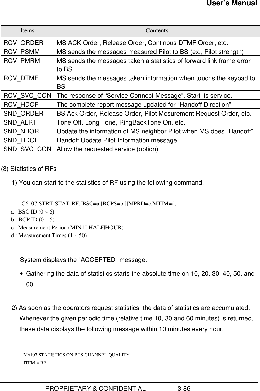 User’s Manual                         PROPRIETARY &amp; CONFIDENTIAL                  3-86Items ContentsRCV_ORDER MS ACK Order, Release Order, Continous DTMF Order, etc.RCV_PSMM MS sends the messages measured Pilot to BS (ex., Pilot strength)RCV_PMRM MS sends the messages taken a statistics of forward link frame errorto BSRCV_DTMF MS sends the messages taken information when touchs the keypad toBSRCV_SVC_CON The response of “Service Connect Message”. Start its service.RCV_HDOF The complete report message updated for “Handoff Direction”SND_ORDER BS Ack Order, Release Order, Pilot Mesurement Request Order, etc.SND_ALRT Tone Off, Long Tone, RingBackTone On, etc.SND_NBOR Update the information of MS neighbor Pilot when MS does “Handoff”SND_HDOF Handoff Update Pilot Information messageSND_SVC_CON Allow the requested service (option)(8) Statistics of RFs1) You can start to the statistics of RF using the following command.C6107 STRT-STAT-RF:[BSC=a,[BCPS=b,]]MPRD=c,MTIM=d;       a : BSC ID (0 ~ 6)       b : BCP ID (0 ~ 5)       c : Measurement Period (MIN10|HALF|HOUR)       d : Measurement Times (1 ~ 50)System displays the “ACCEPTED” message.• Gathering the data of statistics starts the absolute time on 10, 20, 30, 40, 50, and002) As soon as the operators request statistics, the data of statistics are accumulated.Whenever the given periodic time (relative time 10, 30 and 60 minutes) is returned,these data displays the following message within 10 minutes every hour.     M6107 STATISTICS ON BTS CHANNEL QUALITY      ITEM = RF