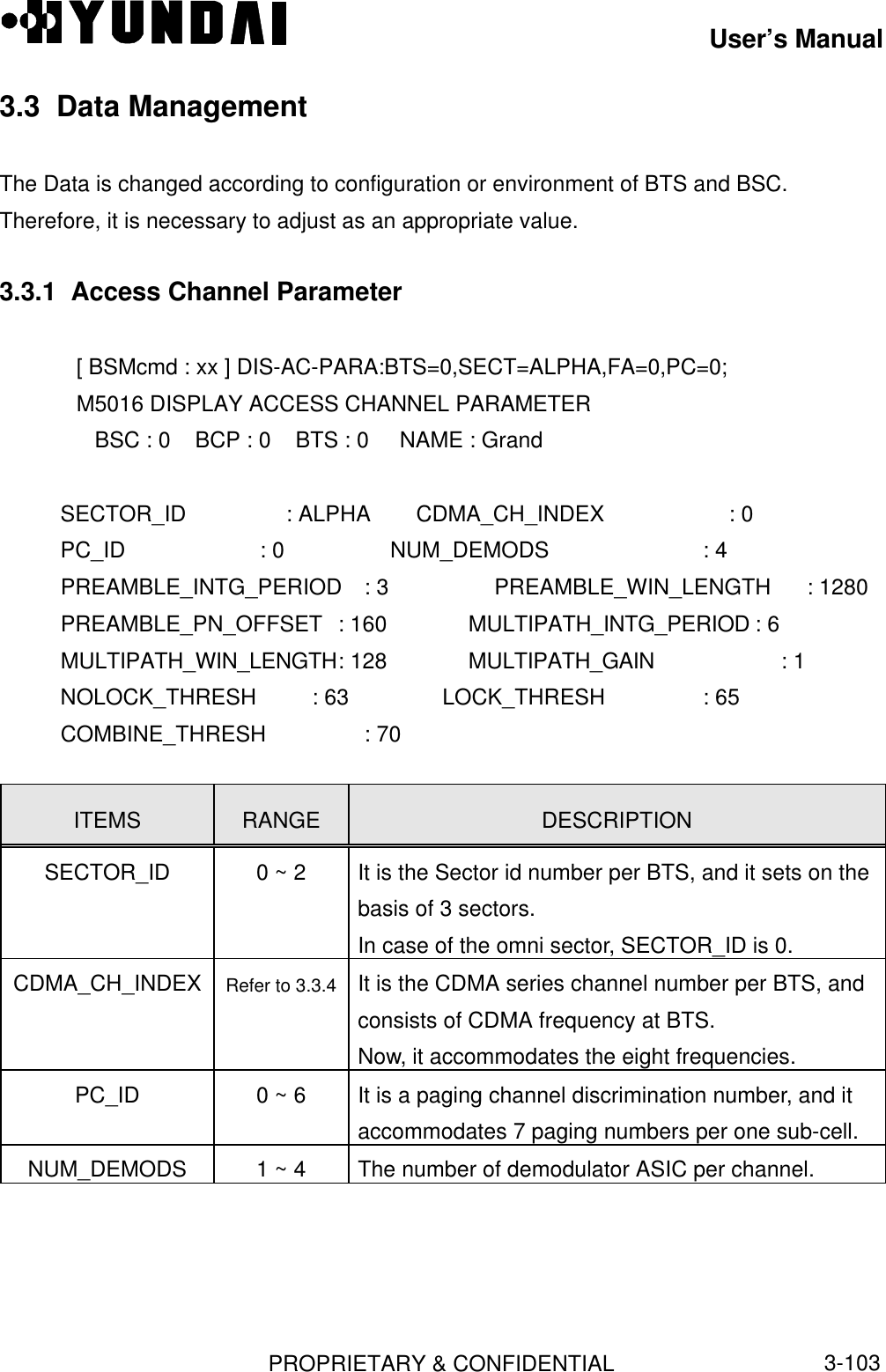 User’s ManualPROPRIETARY &amp; CONFIDENTIAL3-1033.3  Data ManagementThe Data is changed according to configuration or environment of BTS and BSC.Therefore, it is necessary to adjust as an appropriate value.3.3.1  Access Channel Parameter[ BSMcmd : xx ] DIS-AC-PARA:BTS=0,SECT=ALPHA,FA=0,PC=0;M5016 DISPLAY ACCESS CHANNEL PARAMETER   BSC : 0    BCP : 0    BTS : 0     NAME : Grand SECTOR_ID               : ALPHA CDMA_CH_INDEX : 0 PC_ID                      : 0 NUM_DEMODS : 4 PREAMBLE_INTG_PERIOD  : 3  PREAMBLE_WIN_LENGTH : 1280 PREAMBLE_PN_OFFSET  : 160 MULTIPATH_INTG_PERIOD : 6 MULTIPATH_WIN_LENGTH: 128 MULTIPATH_GAIN : 1 NOLOCK_THRESH        : 63 LOCK_THRESH            : 65 COMBINE_THRESH : 70ITEMS RANGE DESCRIPTIONSECTOR_ID 0 ~ 2 It is the Sector id number per BTS, and it sets on thebasis of 3 sectors.In case of the omni sector, SECTOR_ID is 0.CDMA_CH_INDEX Refer to 3.3.4 It is the CDMA series channel number per BTS, andconsists of CDMA frequency at BTS.Now, it accommodates the eight frequencies.PC_ID 0 ~ 6 It is a paging channel discrimination number, and itaccommodates 7 paging numbers per one sub-cell.NUM_DEMODS 1 ~ 4 The number of demodulator ASIC per channel.