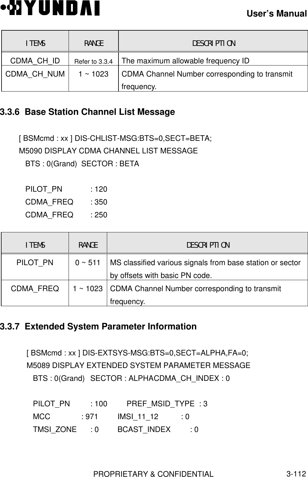 User’s ManualPROPRIETARY &amp; CONFIDENTIAL3-112ITEMS RANGE DESCRIPTIONCDMA_CH_ID Refer to 3.3.4 The maximum allowable frequency IDCDMA_CH_NUM 1 ~ 1023 CDMA Channel Number corresponding to transmitfrequency.3.3.6  Base Station Channel List Message[ BSMcmd : xx ] DIS-CHLIST-MSG:BTS=0,SECT=BETA;M5090 DISPLAY CDMA CHANNEL LIST MESSAGE   BTS : 0(Grand) SECTOR : BETA   PILOT_PN         : 120   CDMA_FREQ        : 350   CDMA_FREQ        : 250ITEMS RANGE DESCRIPTIONPILOT_PN 0 ~ 511 MS classified various signals from base station or sectorby offsets with basic PN code.CDMA_FREQ 1 ~ 1023 CDMA Channel Number corresponding to transmitfrequency.3.3.7  Extended System Parameter Information[ BSMcmd : xx ] DIS-EXTSYS-MSG:BTS=0,SECT=ALPHA,FA=0;M5089 DISPLAY EXTENDED SYSTEM PARAMETER MESSAGE   BTS : 0(Grand) SECTOR : ALPHACDMA_CH_INDEX : 0   PILOT_PN         : 100   PREF_MSID_TYPE  : 3   MCC              : 971   IMSI_11_12       : 0   TMSI_ZONE      : 0     BCAST_INDEX      : 0