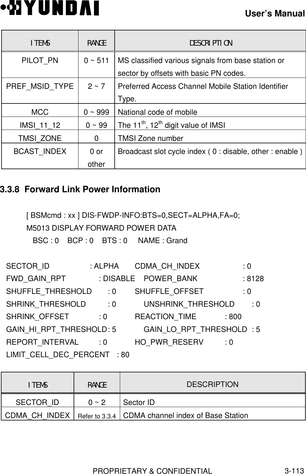 User’s ManualPROPRIETARY &amp; CONFIDENTIAL3-113ITEMS RANGE DESCRIPTIONPILOT_PN 0 ~ 511 MS classified various signals from base station orsector by offsets with basic PN codes.PREF_MSID_TYPE 2 ~ 7 Preferred Access Channel Mobile Station IdentifierType.MCC 0 ~ 999 National code of mobileIMSI_11_12 0 ~ 99 The 11th, 12th digit value of IMSITMSI_ZONE 0TMSI Zone numberBCAST_INDEX 0 orotherBroadcast slot cycle index ( 0 : disable, other : enable )3.3.8  Forward Link Power Information[ BSMcmd : xx ] DIS-FWDP-INFO:BTS=0,SECT=ALPHA,FA=0;M5013 DISPLAY FORWARD POWER DATA   BSC : 0    BCP : 0    BTS : 0     NAME : Grand   SECTOR_ID              : ALPHA     CDMA_CH_INDEX     : 0   FWD_GAIN_RPT          : DISABLE   POWER_BANK          : 8128   SHUFFLE_THRESHOLD   : 0         SHUFFLE_OFFSET    : 0   SHRINK_THRESHOLD     : 0     UNSHRINK_THRESHOLD : 0   SHRINK_OFFSET           : 0     REACTION_TIME           : 800   GAIN_HI_RPT_THRESHOLD: 5    GAIN_LO_RPT_THRESHOLD : 5   REPORT_INTERVAL         : 0     HO_PWR_RESERV          : 0   LIMIT_CELL_DEC_PERCENT : 80ITEMS RANGE DESCRIPTIONSECTOR_ID 0 ~ 2 Sector IDCDMA_CH_INDEX Refer to 3.3.4 CDMA channel index of Base Station