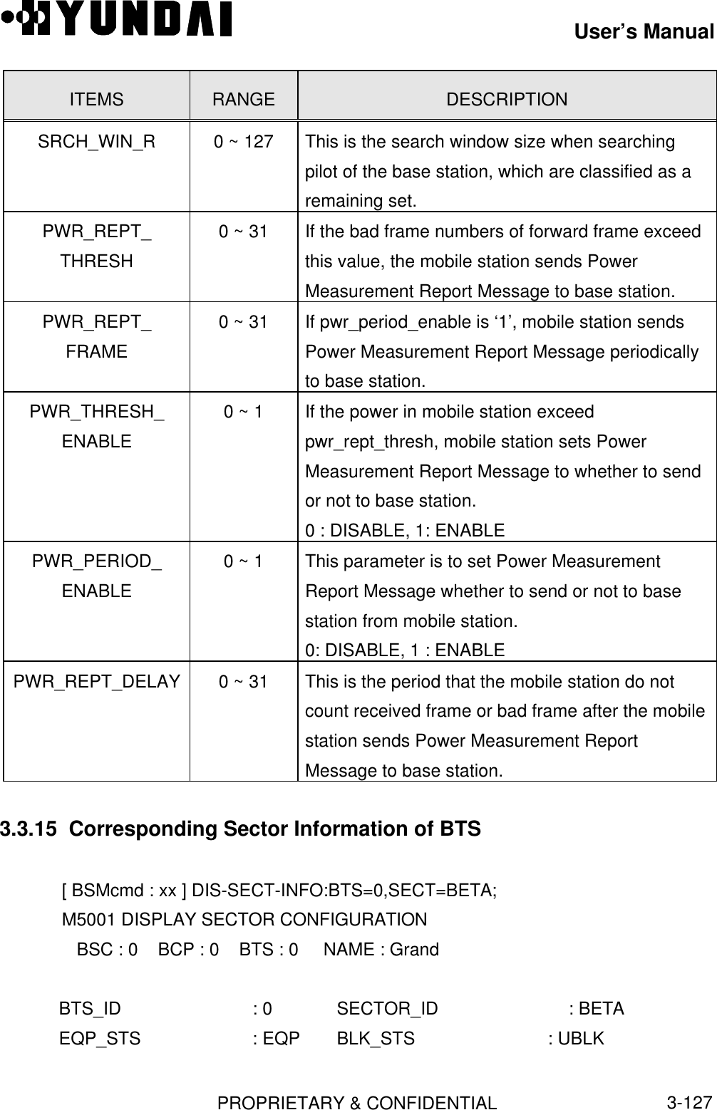 User’s ManualPROPRIETARY &amp; CONFIDENTIAL3-127ITEMS RANGE DESCRIPTIONSRCH_WIN_R 0 ~ 127 This is the search window size when searchingpilot of the base station, which are classified as aremaining set.PWR_REPT_THRESH0 ~ 31 If the bad frame numbers of forward frame exceedthis value, the mobile station sends PowerMeasurement Report Message to base station.PWR_REPT_FRAME0 ~ 31 If pwr_period_enable is ‘1’, mobile station sendsPower Measurement Report Message periodicallyto base station.PWR_THRESH_ENABLE0 ~ 1 If the power in mobile station exceedpwr_rept_thresh, mobile station sets PowerMeasurement Report Message to whether to sendor not to base station.0 : DISABLE, 1: ENABLEPWR_PERIOD_ENABLE0 ~ 1 This parameter is to set Power MeasurementReport Message whether to send or not to basestation from mobile station.0: DISABLE, 1 : ENABLEPWR_REPT_DELAY 0 ~ 31 This is the period that the mobile station do notcount received frame or bad frame after the mobilestation sends Power Measurement ReportMessage to base station.3.3.15  Corresponding Sector Information of BTS[ BSMcmd : xx ] DIS-SECT-INFO:BTS=0,SECT=BETA;M5001 DISPLAY SECTOR CONFIGURATION   BSC : 0    BCP : 0    BTS : 0     NAME : Grand   BTS_ID                : 0 SECTOR_ID : BETA   EQP_STS              : EQP BLK_STS       : UBLK