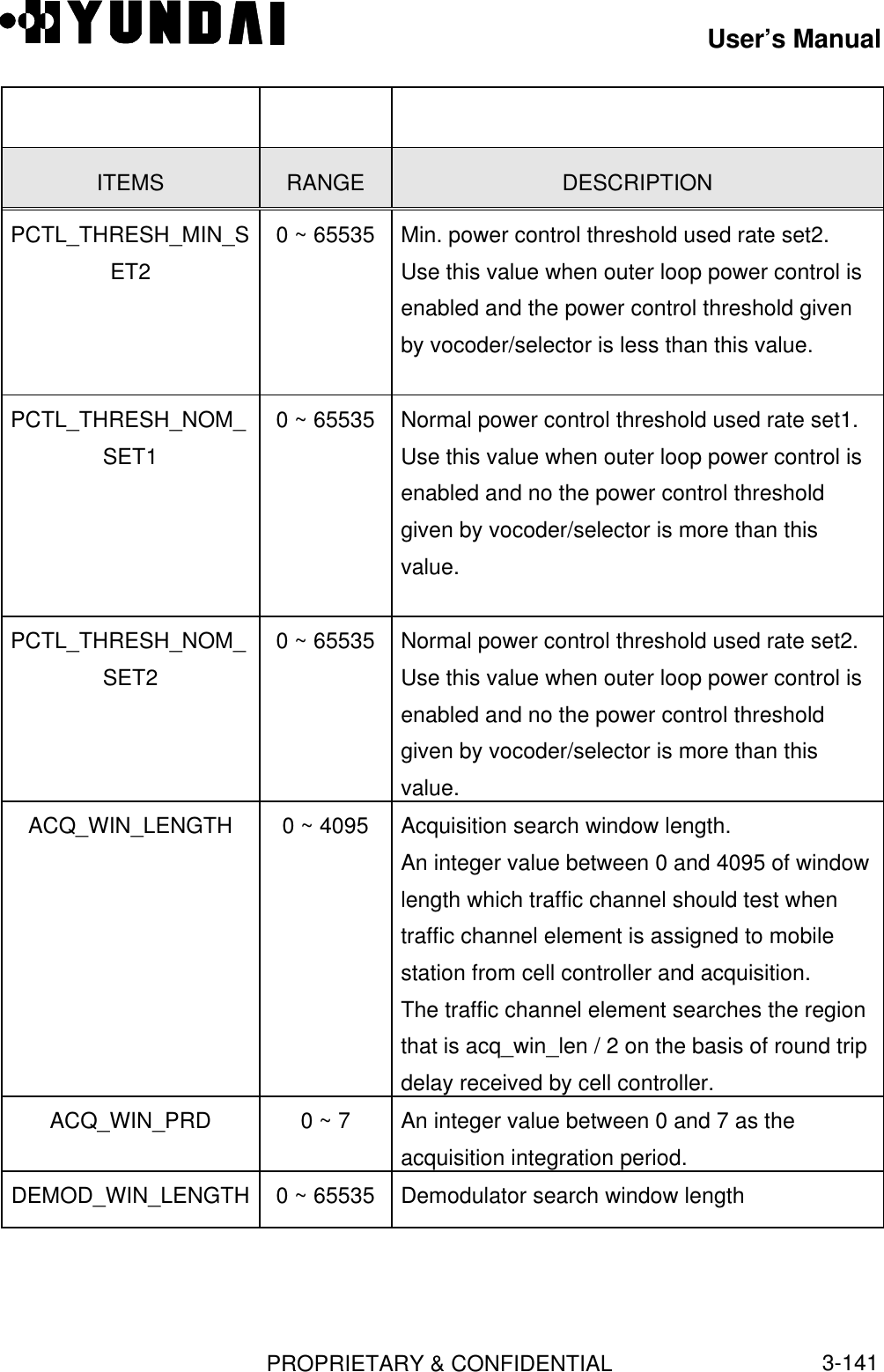 User’s ManualPROPRIETARY &amp; CONFIDENTIAL3-141ITEMS RANGE DESCRIPTIONPCTL_THRESH_MIN_SET20 ~ 65535 Min. power control threshold used rate set2.Use this value when outer loop power control isenabled and the power control threshold givenby vocoder/selector is less than this value.PCTL_THRESH_NOM_SET10 ~ 65535 Normal power control threshold used rate set1.Use this value when outer loop power control isenabled and no the power control thresholdgiven by vocoder/selector is more than thisvalue.PCTL_THRESH_NOM_SET20 ~ 65535 Normal power control threshold used rate set2.Use this value when outer loop power control isenabled and no the power control thresholdgiven by vocoder/selector is more than thisvalue.ACQ_WIN_LENGTH 0 ~ 4095 Acquisition search window length.An integer value between 0 and 4095 of windowlength which traffic channel should test whentraffic channel element is assigned to mobilestation from cell controller and acquisition.The traffic channel element searches the regionthat is acq_win_len / 2 on the basis of round tripdelay received by cell controller.ACQ_WIN_PRD 0 ~ 7 An integer value between 0 and 7 as theacquisition integration period.DEMOD_WIN_LENGTH 0 ~ 65535 Demodulator search window length