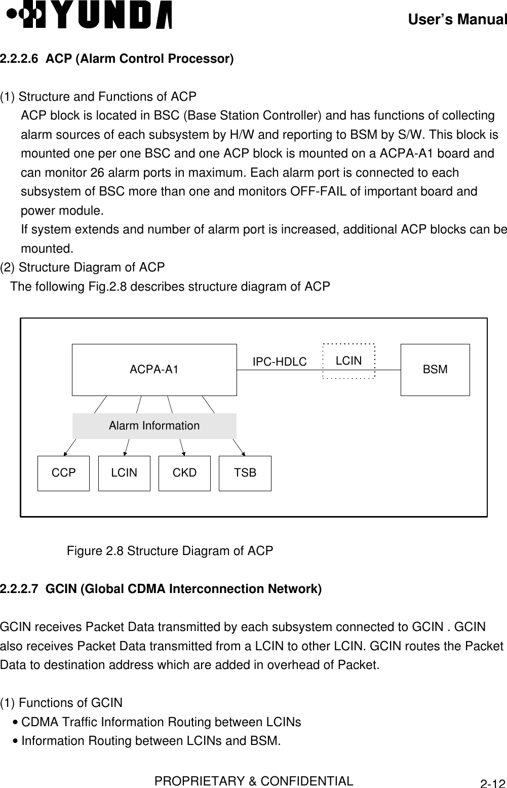 User’s ManualPROPRIETARY &amp; CONFIDENTIAL2-122.2.2.6  ACP (Alarm Control Processor)(1) Structure and Functions of ACPACP block is located in BSC (Base Station Controller) and has functions of collectingalarm sources of each subsystem by H/W and reporting to BSM by S/W. This block ismounted one per one BSC and one ACP block is mounted on a ACPA-A1 board andcan monitor 26 alarm ports in maximum. Each alarm port is connected to eachsubsystem of BSC more than one and monitors OFF-FAIL of important board andpower module.If system extends and number of alarm port is increased, additional ACP blocks can bemounted.(2) Structure Diagram of ACP   The following Fig.2.8 describes structure diagram of ACPACPA-A1 BSMLCINCCP LCIN CKD TSBAlarm InformationIPC-HDLC                   Figure 2.8 Structure Diagram of ACP2.2.2.7  GCIN (Global CDMA Interconnection Network)GCIN receives Packet Data transmitted by each subsystem connected to GCIN . GCINalso receives Packet Data transmitted from a LCIN to other LCIN. GCIN routes the PacketData to destination address which are added in overhead of Packet.(1) Functions of GCIN• CDMA Traffic Information Routing between LCINs• Information Routing between LCINs and BSM.