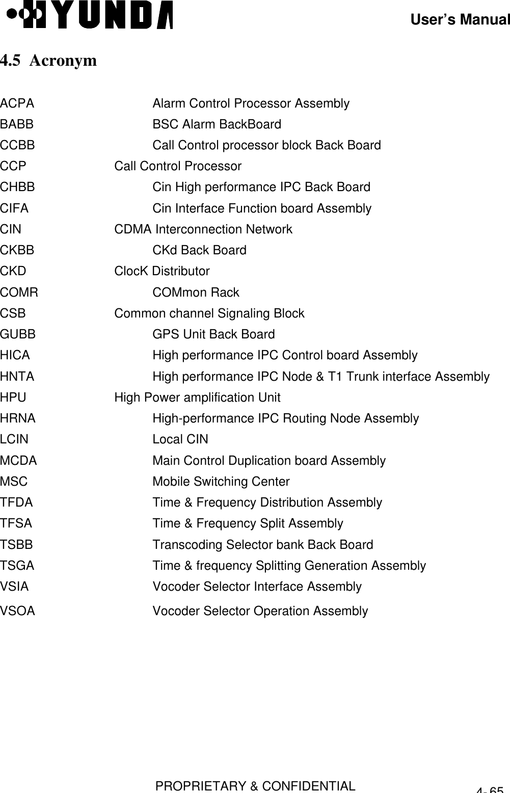 User’s ManualPROPRIETARY &amp; CONFIDENTIAL4-654.5  AcronymACPA    Alarm Control Processor AssemblyBABB    BSC Alarm BackBoardCCBB    Call Control processor block Back BoardCCP    Call Control ProcessorCHBB   Cin High performance IPC Back BoardCIFA    Cin Interface Function board AssemblyCIN    CDMA Interconnection NetworkCKBB    CKd Back BoardCKD    ClocK DistributorCOMR    COMmon RackCSB    Common channel Signaling BlockGUBB    GPS Unit Back BoardHICA    High performance IPC Control board AssemblyHNTA    High performance IPC Node &amp; T1 Trunk interface AssemblyHPU    High Power amplification UnitHRNA  High-performance IPC Routing Node AssemblyLCIN    Local CINMCDA    Main Control Duplication board AssemblyMSC    Mobile Switching CenterTFDA    Time &amp; Frequency Distribution AssemblyTFSA    Time &amp; Frequency Split AssemblyTSBB    Transcoding Selector bank Back BoardTSGA    Time &amp; frequency Splitting Generation AssemblyVSIA    Vocoder Selector Interface AssemblyVSOA    Vocoder Selector Operation Assembly