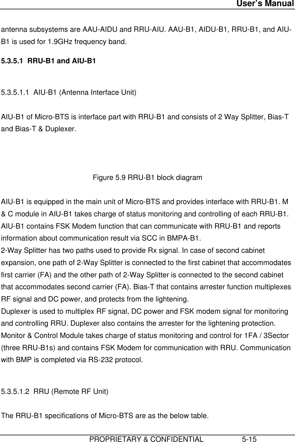 User’s Manual                         PROPRIETARY &amp; CONFIDENTIAL                   5-15antenna subsystems are AAU-AIDU and RRU-AIU. AAU-B1, AIDU-B1, RRU-B1, and AIU-B1 is used for 1.9GHz frequency band. 5.3.5.1  RRU-B1 and AIU-B1  5.3.5.1.1  AIU-B1 (Antenna Interface Unit)  AIU-B1 of Micro-BTS is interface part with RRU-B1 and consists of 2 Way Splitter, Bias-Tand Bias-T &amp; Duplexer.    Figure 5.9 RRU-B1 block diagram  AIU-B1 is equipped in the main unit of Micro-BTS and provides interface with RRU-B1. M&amp; C module in AIU-B1 takes charge of status monitoring and controlling of each RRU-B1.AIU-B1 contains FSK Modem function that can communicate with RRU-B1 and reportsinformation about communication result via SCC in BMPA-B1. 2-Way Splitter has two paths used to provide Rx signal. In case of second cabinetexpansion, one path of 2-Way Splitter is connected to the first cabinet that accommodatesfirst carrier (FA) and the other path of 2-Way Splitter is connected to the second cabinetthat accommodates second carrier (FA). Bias-T that contains arrester function multiplexesRF signal and DC power, and protects from the lightening. Duplexer is used to multiplex RF signal, DC power and FSK modem signal for monitoringand controlling RRU. Duplexer also contains the arrester for the lightening protection. Monitor &amp; Control Module takes charge of status monitoring and control for 1FA / 3Sector(three RRU-B1s) and contains FSK Modem for communication with RRU. Communicationwith BMP is completed via RS-232 protocol.  5.3.5.1.2  RRU (Remote RF Unit)  The RRU-B1 specifications of Micro-BTS are as the below table.