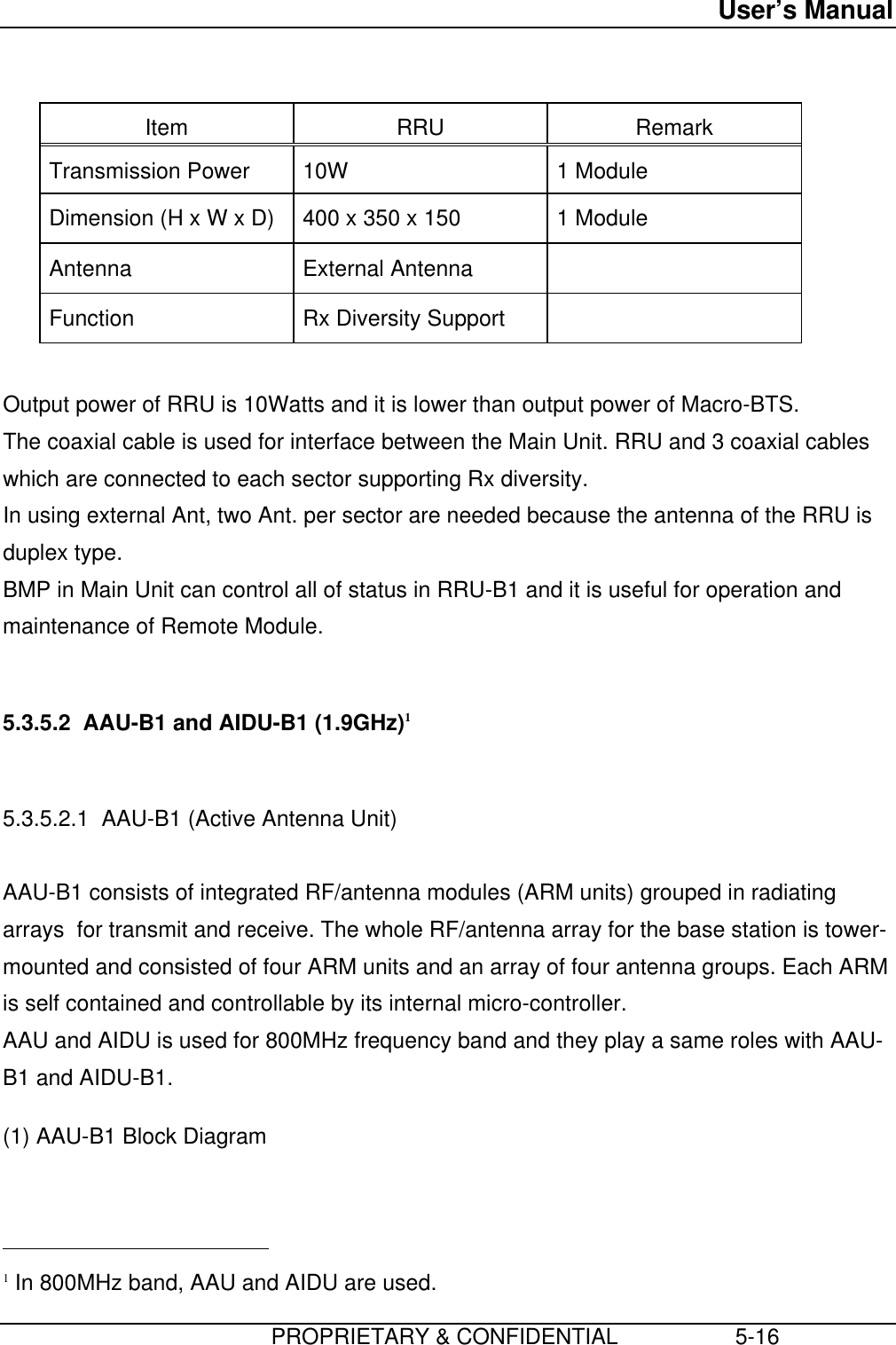 User’s Manual                         PROPRIETARY &amp; CONFIDENTIAL                   5-16  Item  RRU  Remark Transmission Power  10W 1 Module Dimension (H x W x D)  400 x 350 x 150  1 Module Antenna  External Antenna   Function  Rx Diversity Support    Output power of RRU is 10Watts and it is lower than output power of Macro-BTS. The coaxial cable is used for interface between the Main Unit. RRU and 3 coaxial cableswhich are connected to each sector supporting Rx diversity. In using external Ant, two Ant. per sector are needed because the antenna of the RRU isduplex type. BMP in Main Unit can control all of status in RRU-B1 and it is useful for operation andmaintenance of Remote Module.  5.3.5.2  AAU-B1 and AIDU-B1 (1.9GHz)1  5.3.5.2.1  AAU-B1 (Active Antenna Unit)  AAU-B1 consists of integrated RF/antenna modules (ARM units) grouped in radiatingarrays  for transmit and receive. The whole RF/antenna array for the base station is tower-mounted and consisted of four ARM units and an array of four antenna groups. Each ARMis self contained and controllable by its internal micro-controller. AAU and AIDU is used for 800MHz frequency band and they play a same roles with AAU-B1 and AIDU-B1. (1) AAU-B1 Block Diagram                                            1 In 800MHz band, AAU and AIDU are used.