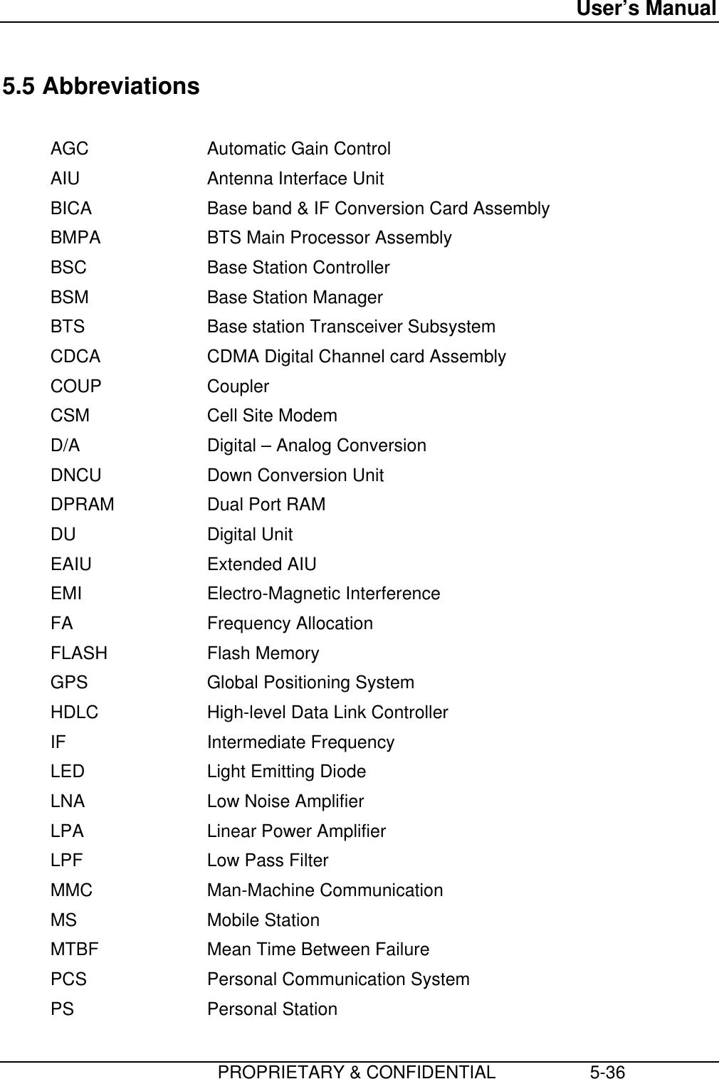 User’s Manual                         PROPRIETARY &amp; CONFIDENTIAL                   5-365.5 AbbreviationsAGC Automatic Gain ControlAIU Antenna Interface UnitBICA Base band &amp; IF Conversion Card AssemblyBMPA BTS Main Processor AssemblyBSC Base Station ControllerBSM Base Station ManagerBTS Base station Transceiver SubsystemCDCA CDMA Digital Channel card AssemblyCOUP CouplerCSM Cell Site ModemD/A Digital – Analog ConversionDNCU Down Conversion UnitDPRAM Dual Port RAMDU Digital UnitEAIU Extended AIUEMI Electro-Magnetic InterferenceFA Frequency AllocationFLASH Flash MemoryGPS Global Positioning SystemHDLC High-level Data Link ControllerIF Intermediate FrequencyLED Light Emitting DiodeLNA Low Noise AmplifierLPA Linear Power AmplifierLPF Low Pass FilterMMC Man-Machine CommunicationMS Mobile StationMTBF Mean Time Between FailurePCS Personal Communication SystemPS Personal Station