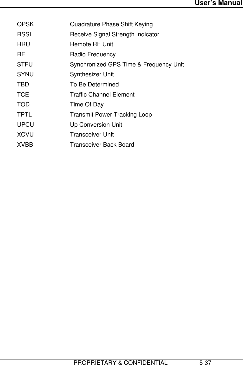 User’s Manual                         PROPRIETARY &amp; CONFIDENTIAL                   5-37QPSK Quadrature Phase Shift KeyingRSSI Receive Signal Strength IndicatorRRU Remote RF UnitRF Radio FrequencySTFU Synchronized GPS Time &amp; Frequency UnitSYNU Synthesizer UnitTBD To Be DeterminedTCE Traffic Channel ElementTOD Time Of DayTPTL Transmit Power Tracking LoopUPCU Up Conversion UnitXCVU Transceiver UnitXVBB Transceiver Back Board