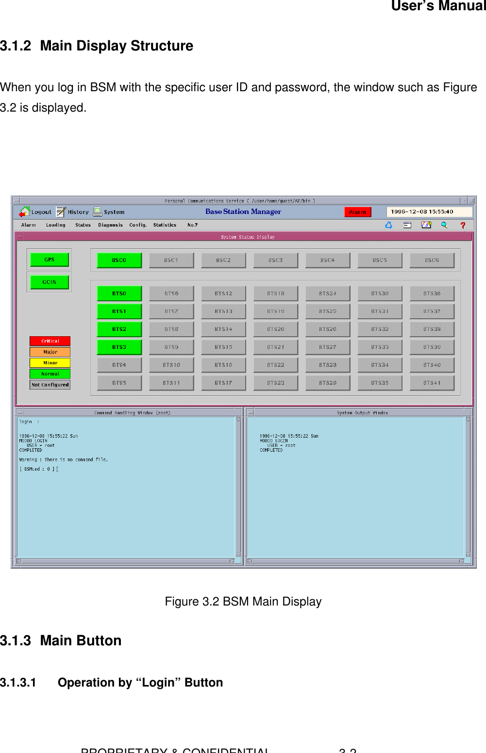 User’s Manual                        PROPRIETARY &amp; CONFIDENTIAL                    3-23.1.2  Main Display StructureWhen you log in BSM with the specific user ID and password, the window such as Figure3.2 is displayed.Figure 3.2 BSM Main Display3.1.3  Main Button3.1.3.1  Operation by “Login” Button