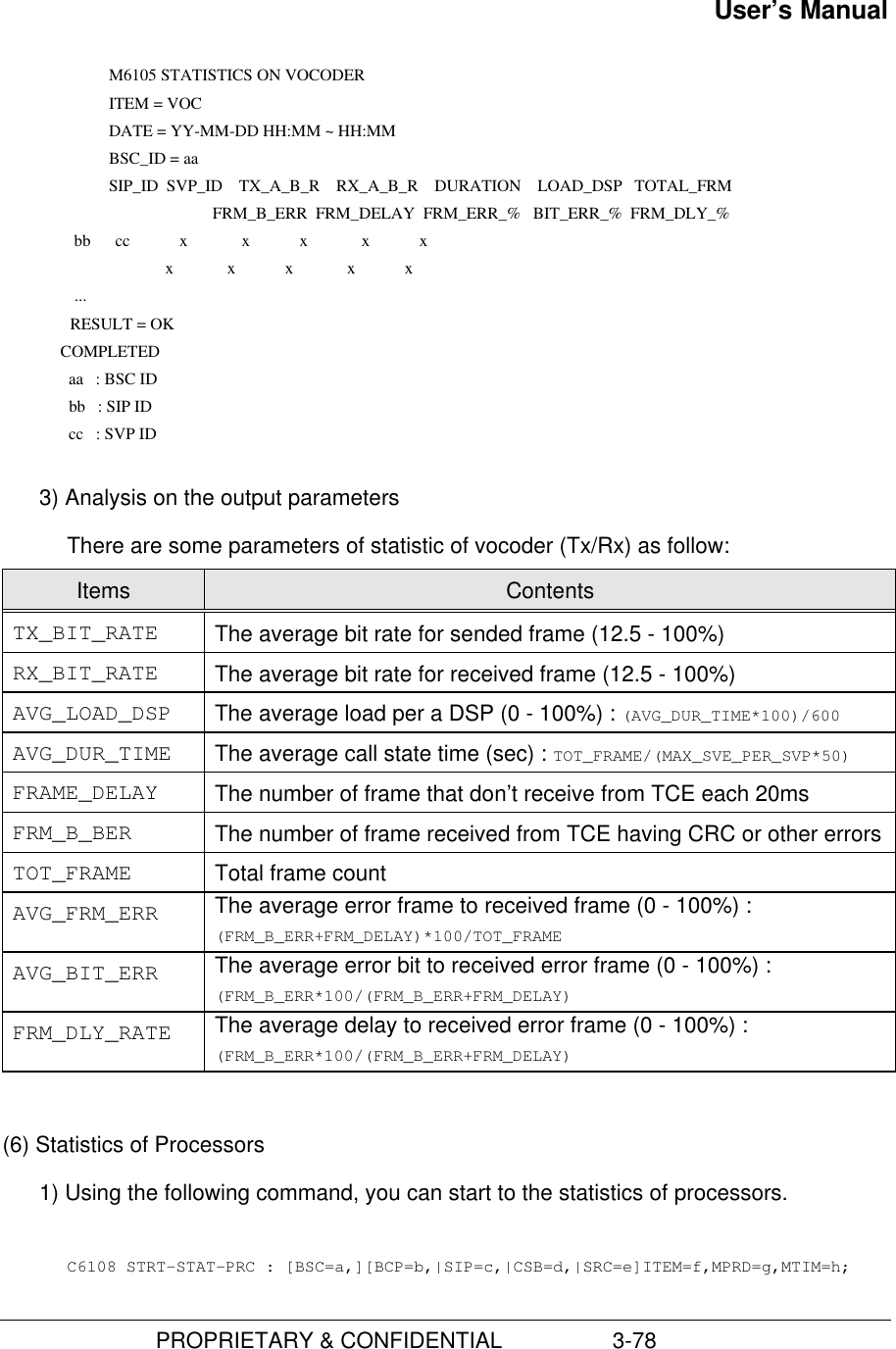 User’s Manual                         PROPRIETARY &amp; CONFIDENTIAL                  3-78 M6105 STATISTICS ON VOCODER ITEM = VOC DATE = YY-MM-DD HH:MM ~ HH:MM BSC_ID = aa SIP_ID  SVP_ID    TX_A_B_R    RX_A_B_R    DURATION    LOAD_DSP   TOTAL_FRM                               FRM_B_ERR  FRM_DELAY  FRM_ERR_%   BIT_ERR_%  FRM_DLY_%              bb      cc            x             x            x             x            x                                    x             x            x             x            x              ...             RESULT = OK               COMPLETED                 aa   : BSC ID                 bb   : SIP ID                 cc   : SVP ID 3) Analysis on the output parametersThere are some parameters of statistic of vocoder (Tx/Rx) as follow:Items ContentsTX_BIT_RATE The average bit rate for sended frame (12.5 - 100%)RX_BIT_RATE The average bit rate for received frame (12.5 - 100%)AVG_LOAD_DSP The average load per a DSP (0 - 100%) : (AVG_DUR_TIME*100)/600AVG_DUR_TIME The average call state time (sec) : TOT_FRAME/(MAX_SVE_PER_SVP*50)FRAME_DELAY The number of frame that don’t receive from TCE each 20msFRM_B_BER The number of frame received from TCE having CRC or other errorsTOT_FRAME Total frame countAVG_FRM_ERR The average error frame to received frame (0 - 100%) :(FRM_B_ERR+FRM_DELAY)*100/TOT_FRAMEAVG_BIT_ERR The average error bit to received error frame (0 - 100%) :(FRM_B_ERR*100/(FRM_B_ERR+FRM_DELAY)FRM_DLY_RATE The average delay to received error frame (0 - 100%) :(FRM_B_ERR*100/(FRM_B_ERR+FRM_DELAY)(6) Statistics of Processors1) Using the following command, you can start to the statistics of processors.C6108 STRT-STAT-PRC : [BSC=a,][BCP=b,|SIP=c,|CSB=d,|SRC=e]ITEM=f,MPRD=g,MTIM=h;