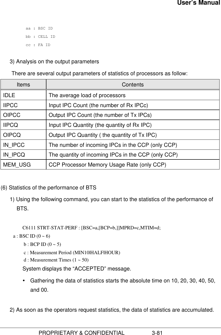 User’s Manual                         PROPRIETARY &amp; CONFIDENTIAL                  3-81aa : BSC IDbb : CELL IDcc : FA ID3) Analysis on the output parametersThere are several output parameters of statistics of processors as follow:Items ContentsIDLE The average load of processorsIIPCC Input IPC Count (the number of Rx IPCc)OIPCC Output IPC Count (the number of Tx IPCs)IIPCQ Input IPC Quantity (the quantity of Rx IPC)OIPCQ Output IPC Quantity ( the quantity of Tx IPC)IN_IPCC The number of incoming IPCs in the CCP (only CCP)IN_IPCQ The quantity of incoming IPCs in the CCP (only CCP)MEM_USG CCP Processor Memory Usage Rate (only CCP)(6) Statistics of the performance of BTS1) Using the following command, you can start to the statistics of the performance ofBTS.C6111 STRT-STAT-PERF : [BSC=a,[BCP=b,]]MPRD=c,MTIM=d;          a : BSC ID (0 ~ 6) b : BCP ID (0 ~ 5) c : Measurement Period (MIN10|HALF|HOUR) d : Measurement Times (1 ~ 50)System displays the “ACCEPTED” message.Ÿ Gathering the data of statistics starts the absolute time on 10, 20, 30, 40, 50,and 00.2) As soon as the operators request statistics, the data of statistics are accumulated.