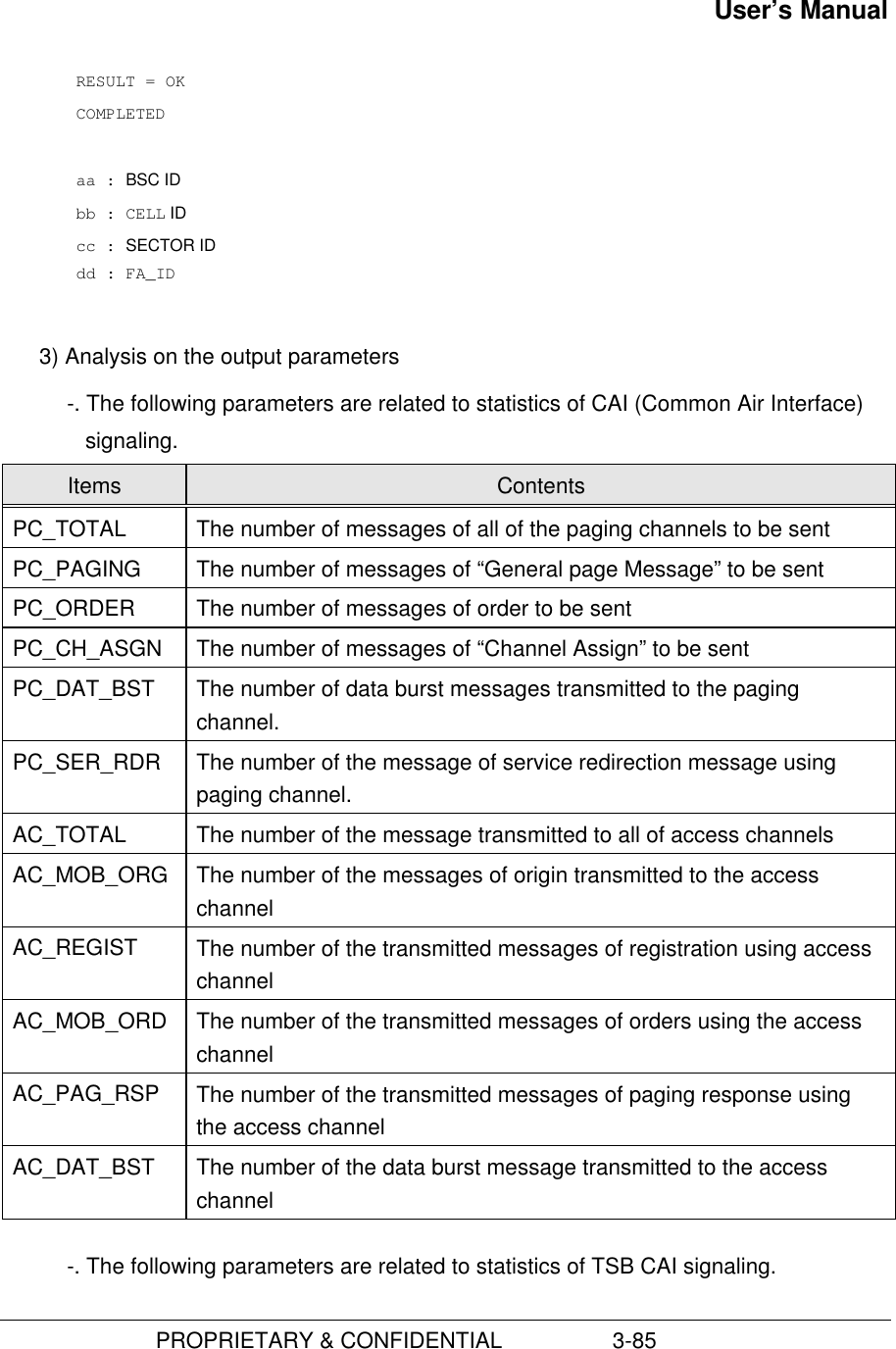 User’s Manual                         PROPRIETARY &amp; CONFIDENTIAL                  3-85RESULT = OKCOMPLETEDaa : BSC IDbb : CELL IDcc : SECTOR ID dd : FA_ID 3) Analysis on the output parameters-. The following parameters are related to statistics of CAI (Common Air Interface)signaling.Items ContentsPC_TOTAL The number of messages of all of the paging channels to be sentPC_PAGING The number of messages of “General page Message” to be sentPC_ORDER The number of messages of order to be sentPC_CH_ASGN The number of messages of “Channel Assign” to be sentPC_DAT_BST The number of data burst messages transmitted to the pagingchannel.PC_SER_RDR The number of the message of service redirection message usingpaging channel.AC_TOTAL The number of the message transmitted to all of access channelsAC_MOB_ORG The number of the messages of origin transmitted to the accesschannelAC_REGIST The number of the transmitted messages of registration using accesschannelAC_MOB_ORD The number of the transmitted messages of orders using the accesschannelAC_PAG_RSP The number of the transmitted messages of paging response usingthe access channelAC_DAT_BST The number of the data burst message transmitted to the accesschannel-. The following parameters are related to statistics of TSB CAI signaling.