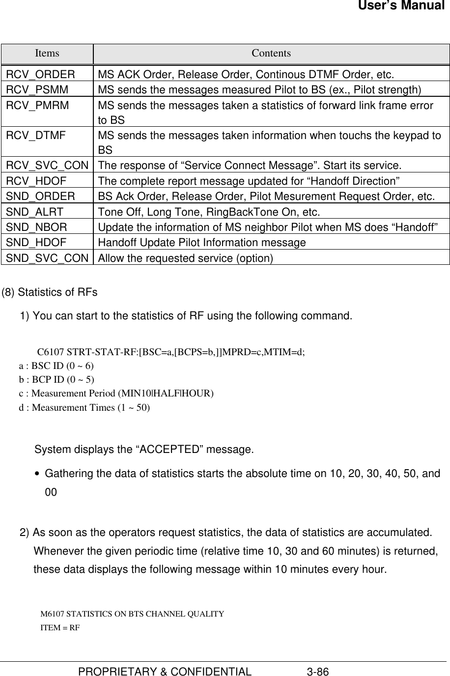 User’s Manual                         PROPRIETARY &amp; CONFIDENTIAL                  3-86Items ContentsRCV_ORDER MS ACK Order, Release Order, Continous DTMF Order, etc.RCV_PSMM MS sends the messages measured Pilot to BS (ex., Pilot strength)RCV_PMRM MS sends the messages taken a statistics of forward link frame errorto BSRCV_DTMF MS sends the messages taken information when touchs the keypad toBSRCV_SVC_CON The response of “Service Connect Message”. Start its service.RCV_HDOF The complete report message updated for “Handoff Direction”SND_ORDER BS Ack Order, Release Order, Pilot Mesurement Request Order, etc.SND_ALRT Tone Off, Long Tone, RingBackTone On, etc.SND_NBOR Update the information of MS neighbor Pilot when MS does “Handoff”SND_HDOF Handoff Update Pilot Information messageSND_SVC_CON Allow the requested service (option)(8) Statistics of RFs1) You can start to the statistics of RF using the following command.C6107 STRT-STAT-RF:[BSC=a,[BCPS=b,]]MPRD=c,MTIM=d;       a : BSC ID (0 ~ 6)       b : BCP ID (0 ~ 5)       c : Measurement Period (MIN10|HALF|HOUR)       d : Measurement Times (1 ~ 50)System displays the “ACCEPTED” message.• Gathering the data of statistics starts the absolute time on 10, 20, 30, 40, 50, and002) As soon as the operators request statistics, the data of statistics are accumulated.Whenever the given periodic time (relative time 10, 30 and 60 minutes) is returned,these data displays the following message within 10 minutes every hour.     M6107 STATISTICS ON BTS CHANNEL QUALITY      ITEM = RF