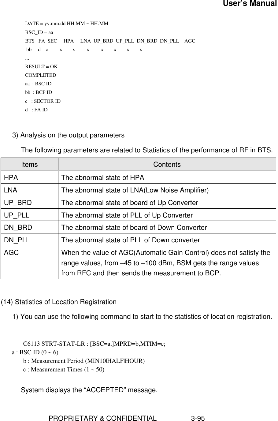 User’s Manual                         PROPRIETARY &amp; CONFIDENTIAL                  3-95    DATE = yy:mm:dd HH:MM ~ HH:MM    BSC_ID = aa    BTS   FA  SEC     HPA     LNA  UP_BRD  UP_PLL  DN_BRD  DN_PLL    AGC      bb     d    c         x        x         x         x        x        x        x    ...    RESULT = OK COMPLETED aa  : BSC ID bb  : BCP ID c   : SECTOR ID d   : FA ID 3) Analysis on the output parametersThe following parameters are related to Statistics of the performance of RF in BTS.Items ContentsHPA The abnormal state of HPALNA The abnormal state of LNA(Low Noise Amplifier)UP_BRD The abnormal state of board of Up ConverterUP_PLL The abnormal state of PLL of Up ConverterDN_BRD The abnormal state of board of Down ConverterDN_PLL The abnormal state of PLL of Down converterAGC When the value of AGC(Automatic Gain Control) does not satisfy therange values, from –45 to –100 dBm, BSM gets the range valuesfrom RFC and then sends the measurement to BCP.(14) Statistics of Location Registration1) You can use the following command to start to the statistics of location registration.C6113 STRT-STAT-LR : [BSC=a,]MPRD=b,MTIM=c;       a : BSC ID (0 ~ 6)b : Measurement Period (MIN10|HALF|HOUR)c : Measurement Times (1 ~ 50)System displays the “ACCEPTED” message.