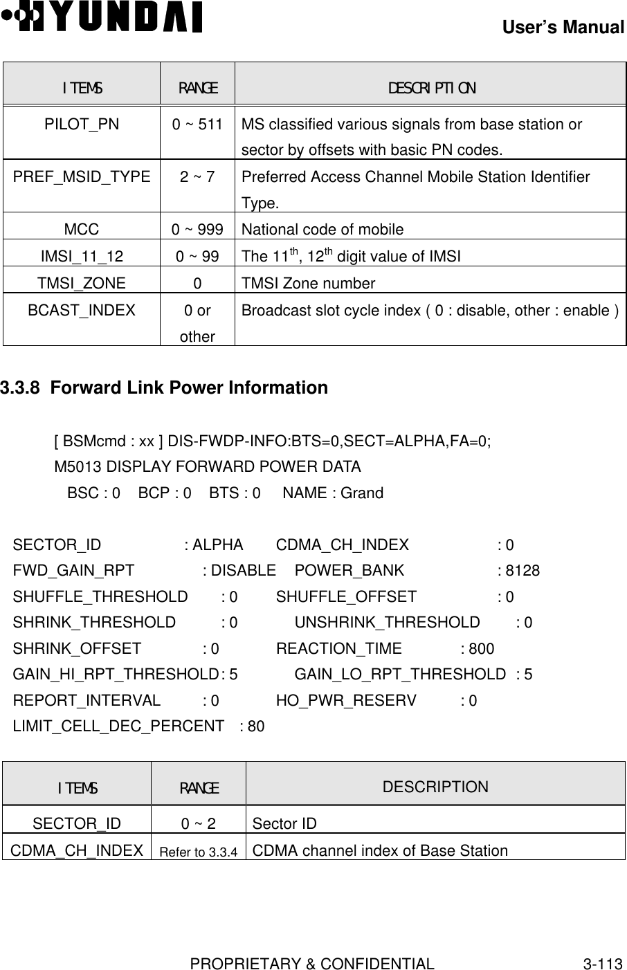 User’s ManualPROPRIETARY &amp; CONFIDENTIAL3-113ITEMS RANGE DESCRIPTIONPILOT_PN 0 ~ 511 MS classified various signals from base station orsector by offsets with basic PN codes.PREF_MSID_TYPE 2 ~ 7 Preferred Access Channel Mobile Station IdentifierType.MCC 0 ~ 999 National code of mobileIMSI_11_12 0 ~ 99 The 11th, 12th digit value of IMSITMSI_ZONE 0TMSI Zone numberBCAST_INDEX 0 orotherBroadcast slot cycle index ( 0 : disable, other : enable )3.3.8  Forward Link Power Information[ BSMcmd : xx ] DIS-FWDP-INFO:BTS=0,SECT=ALPHA,FA=0;M5013 DISPLAY FORWARD POWER DATA   BSC : 0    BCP : 0    BTS : 0     NAME : Grand   SECTOR_ID              : ALPHA     CDMA_CH_INDEX     : 0   FWD_GAIN_RPT          : DISABLE   POWER_BANK          : 8128   SHUFFLE_THRESHOLD   : 0         SHUFFLE_OFFSET    : 0   SHRINK_THRESHOLD     : 0     UNSHRINK_THRESHOLD : 0   SHRINK_OFFSET           : 0     REACTION_TIME           : 800   GAIN_HI_RPT_THRESHOLD: 5    GAIN_LO_RPT_THRESHOLD : 5   REPORT_INTERVAL         : 0     HO_PWR_RESERV          : 0   LIMIT_CELL_DEC_PERCENT : 80ITEMS RANGE DESCRIPTIONSECTOR_ID 0 ~ 2 Sector IDCDMA_CH_INDEX Refer to 3.3.4 CDMA channel index of Base Station