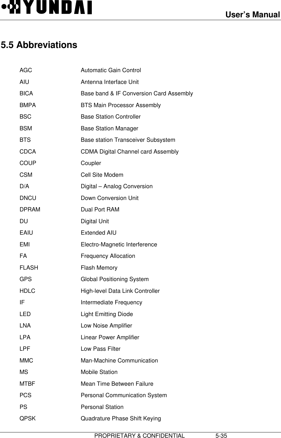 User’s Manual                         PROPRIETARY &amp; CONFIDENTIAL                   5-355.5 AbbreviationsAGC Automatic Gain ControlAIU Antenna Interface UnitBICA Base band &amp; IF Conversion Card AssemblyBMPA BTS Main Processor AssemblyBSC Base Station ControllerBSM Base Station ManagerBTS Base station Transceiver SubsystemCDCA CDMA Digital Channel card AssemblyCOUP CouplerCSM Cell Site ModemD/A Digital – Analog ConversionDNCU Down Conversion UnitDPRAM Dual Port RAMDU Digital UnitEAIU Extended AIUEMI Electro-Magnetic InterferenceFA Frequency AllocationFLASH Flash MemoryGPS Global Positioning SystemHDLC High-level Data Link ControllerIF Intermediate FrequencyLED Light Emitting DiodeLNA Low Noise AmplifierLPA Linear Power AmplifierLPF Low Pass FilterMMC Man-Machine CommunicationMS Mobile StationMTBF Mean Time Between FailurePCS Personal Communication SystemPS Personal StationQPSK Quadrature Phase Shift Keying