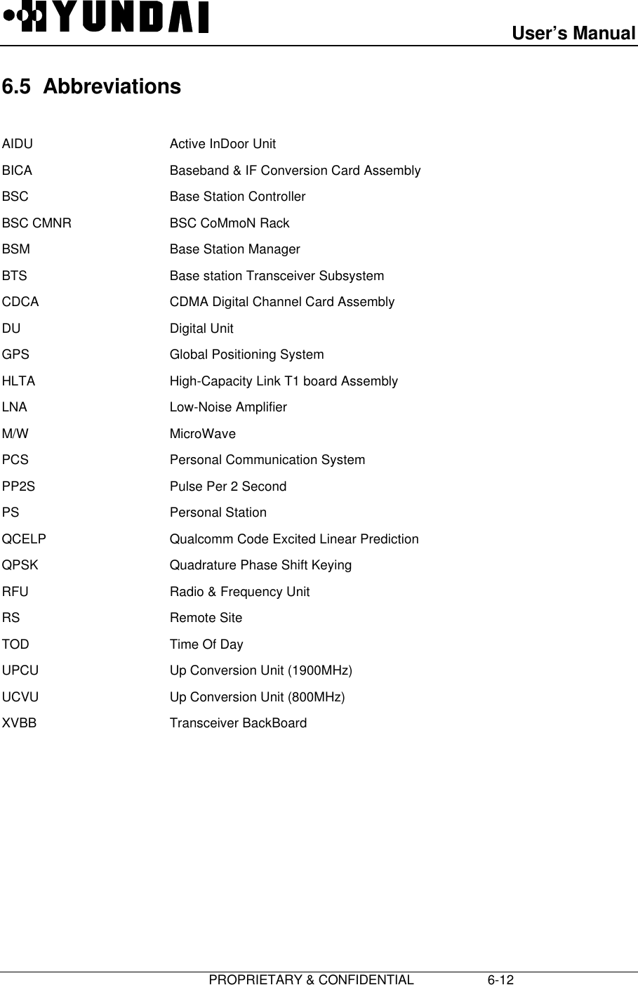 User’s Manual                       PROPRIETARY &amp; CONFIDENTIAL                    6-126.5  AbbreviationsAIDU Active InDoor UnitBICA Baseband &amp; IF Conversion Card AssemblyBSC Base Station ControllerBSC CMNR BSC CoMmoN RackBSM Base Station ManagerBTS Base station Transceiver SubsystemCDCA CDMA Digital Channel Card AssemblyDU Digital UnitGPS Global Positioning SystemHLTA High-Capacity Link T1 board AssemblyLNA Low-Noise AmplifierM/WMicroWavePCS Personal Communication SystemPP2S Pulse Per 2 SecondPS Personal StationQCELP Qualcomm Code Excited Linear PredictionQPSK Quadrature Phase Shift KeyingRFU Radio &amp; Frequency UnitRS Remote SiteTOD Time Of DayUPCU Up Conversion Unit (1900MHz)UCVU Up Conversion Unit (800MHz)XVBB Transceiver BackBoard