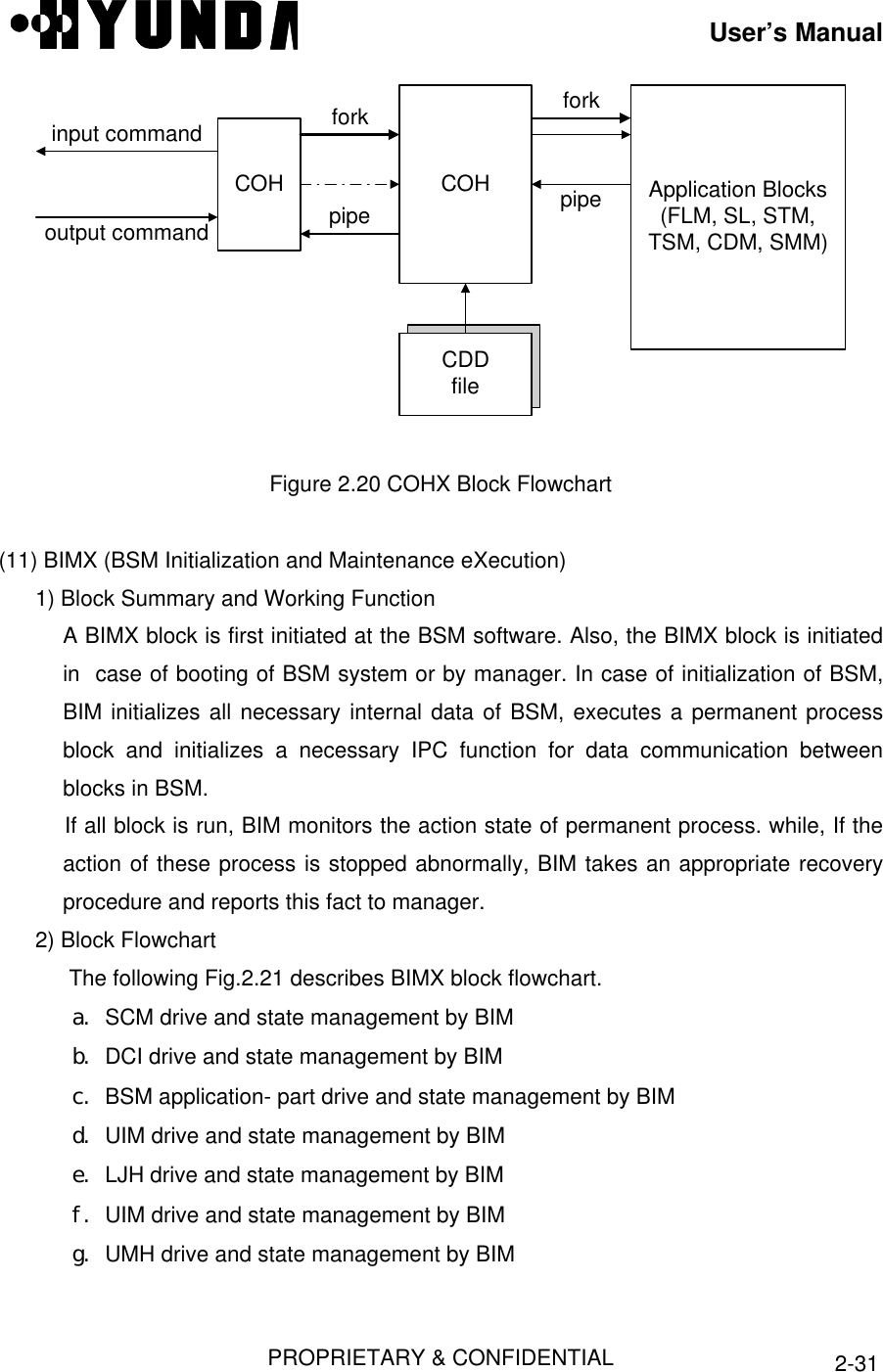 User’s ManualPROPRIETARY &amp; CONFIDENTIAL 2-31CDDfileCOHCOH Application Blocks(FLM, SL, STM,TSM, CDM, SMM)CDDfileinput commandoutput commandforkpipeforkpipeFigure 2.20 COHX Block Flowchart(11) BIMX (BSM Initialization and Maintenance eXecution)1) Block Summary and Working FunctionA BIMX block is first initiated at the BSM software. Also, the BIMX block is initiatedin  case of booting of BSM system or by manager. In case of initialization of BSM,BIM initializes all necessary internal data of BSM, executes a permanent processblock and initializes a necessary IPC function for data communication betweenblocks in BSM.If all block is run, BIM monitors the action state of permanent process. while, If theaction of these process is stopped abnormally, BIM takes an appropriate recoveryprocedure and reports this fact to manager.2) Block Flowchart The following Fig.2.21 describes BIMX block flowchart.a. SCM drive and state management by BIMb. DCI drive and state management by BIMc. BSM application- part drive and state management by BIMd. UIM drive and state management by BIMe. LJH drive and state management by BIMf. UIM drive and state management by BIMg. UMH drive and state management by BIM