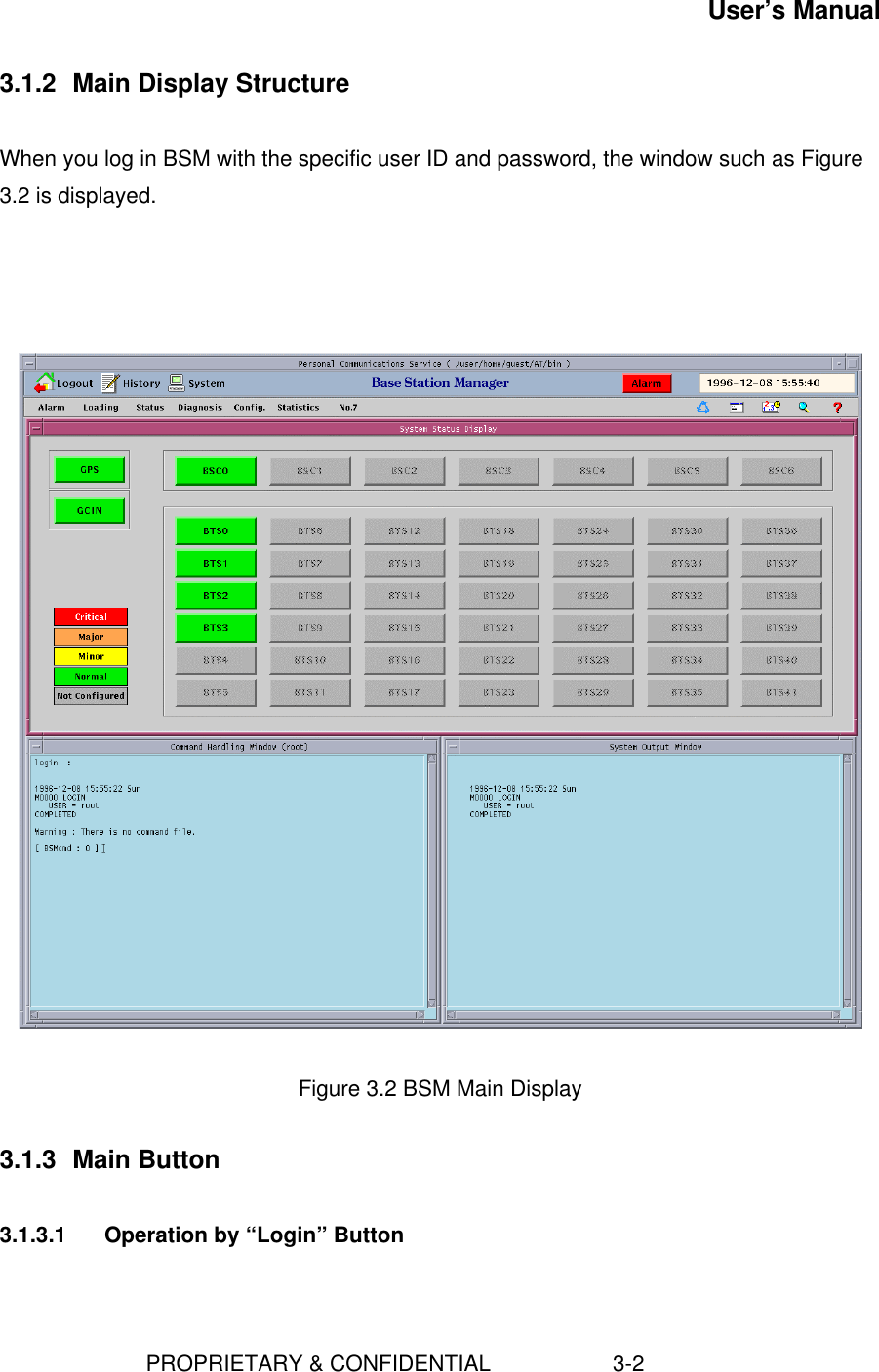 User’s Manual                        PROPRIETARY &amp; CONFIDENTIAL                    3-23.1.2  Main Display StructureWhen you log in BSM with the specific user ID and password, the window such as Figure3.2 is displayed.Figure 3.2 BSM Main Display3.1.3  Main Button3.1.3.1  Operation by “Login” Button