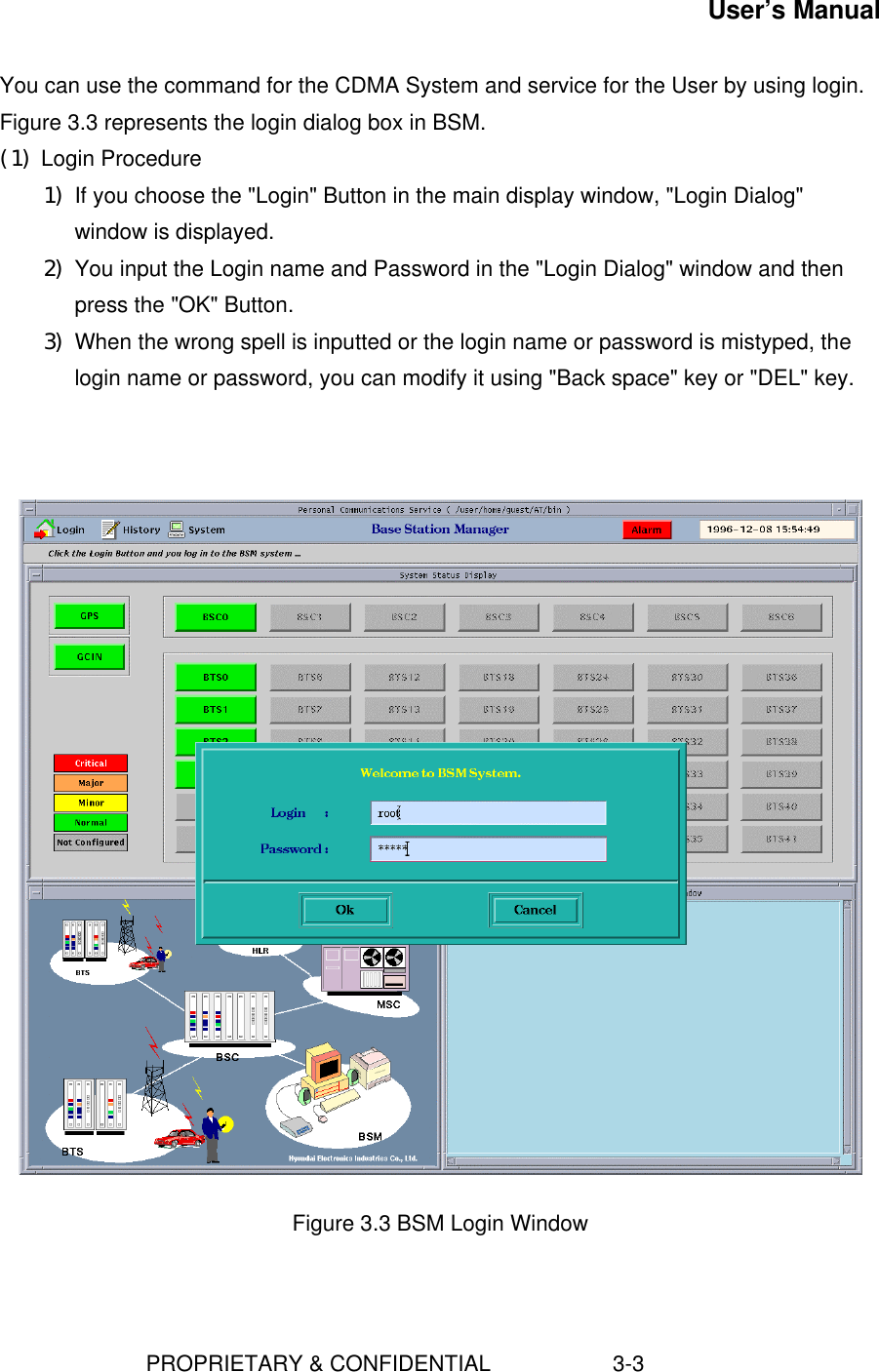 User’s Manual                        PROPRIETARY &amp; CONFIDENTIAL                    3-3You can use the command for the CDMA System and service for the User by using login.Figure 3.3 represents the login dialog box in BSM.(1) Login Procedure1) If you choose the &quot;Login&quot; Button in the main display window, &quot;Login Dialog&quot;window is displayed.2) You input the Login name and Password in the &quot;Login Dialog&quot; window and thenpress the &quot;OK&quot; Button.3) When the wrong spell is inputted or the login name or password is mistyped, thelogin name or password, you can modify it using &quot;Back space&quot; key or &quot;DEL&quot; key.Figure 3.3 BSM Login Window