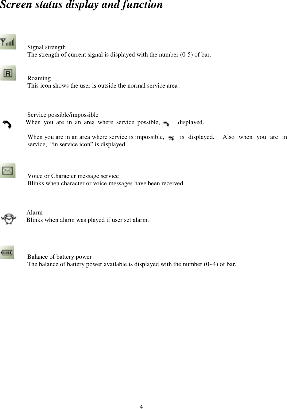 4Screen status display and function Signal strength         The strength of current signal is displayed with the number (0-5) of bar.RoamingThis icon shows the user is outside the normal service area .   Service possible/impossibleWhen  you  are  in  an  area  where  service  possible,            displayed.When you are in an area where service is impossible,         is  displayed.    Also  when  you  are  inservice,  “in service icon” is displayed.Voice or Character message serviceBlinks when character or voice messages have been received.   Alarm  Blinks when alarm was played if user set alarm.Balance of battery powerThe balance of battery power available is displayed with the number (0~4) of bar.
