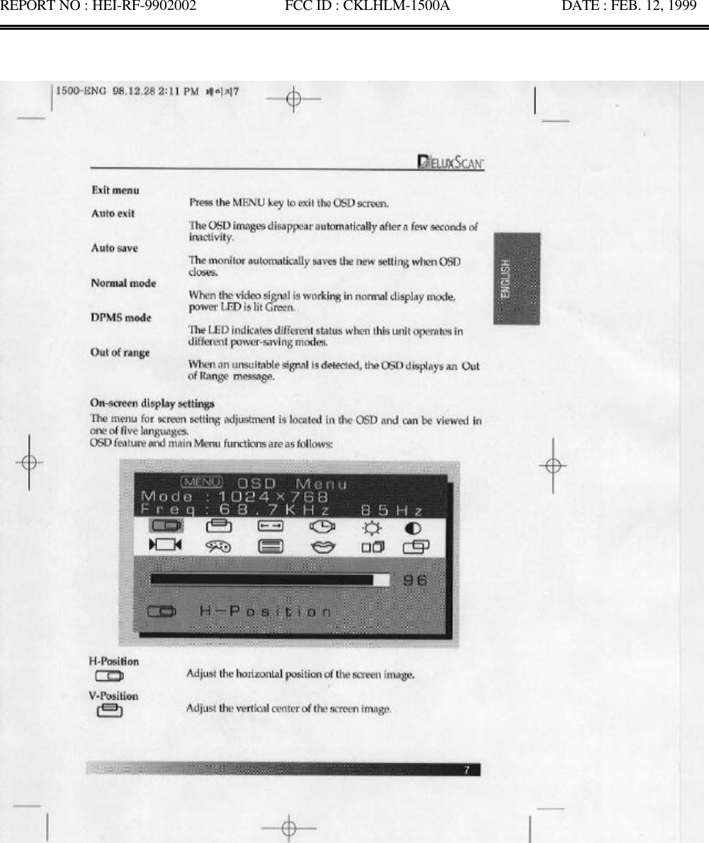 REPORT NO : HEI-RF-9902002            FCC ID : CKLHLM-1500A               DATE : FEB. 12, 1999