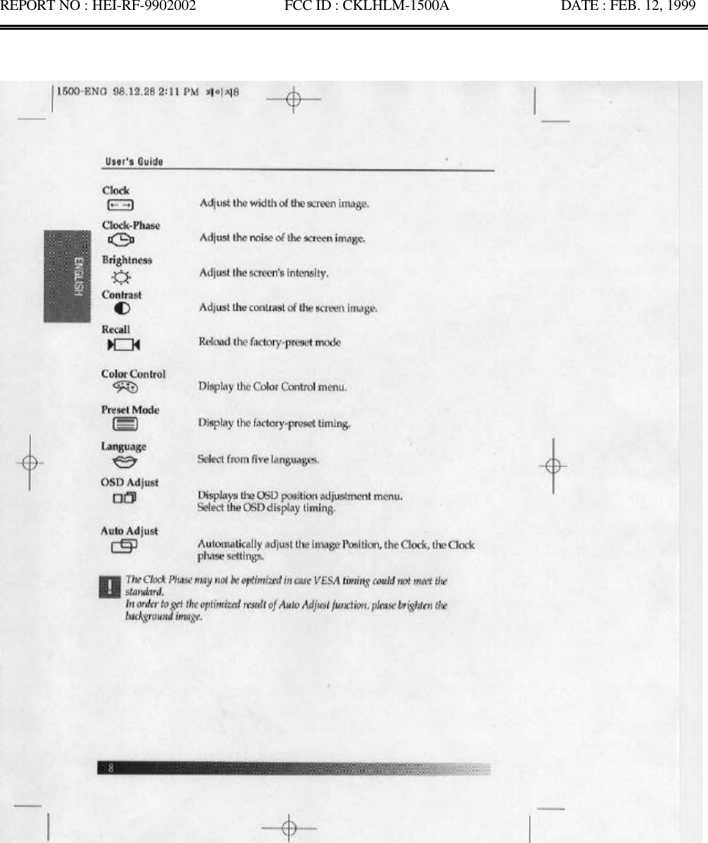 REPORT NO : HEI-RF-9902002            FCC ID : CKLHLM-1500A               DATE : FEB. 12, 1999