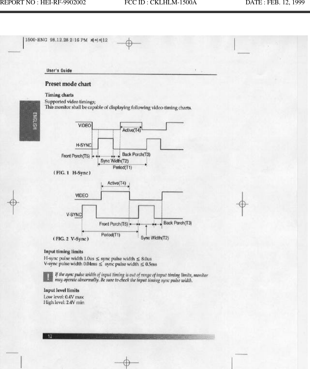 REPORT NO : HEI-RF-9902002            FCC ID : CKLHLM-1500A               DATE : FEB. 12, 1999