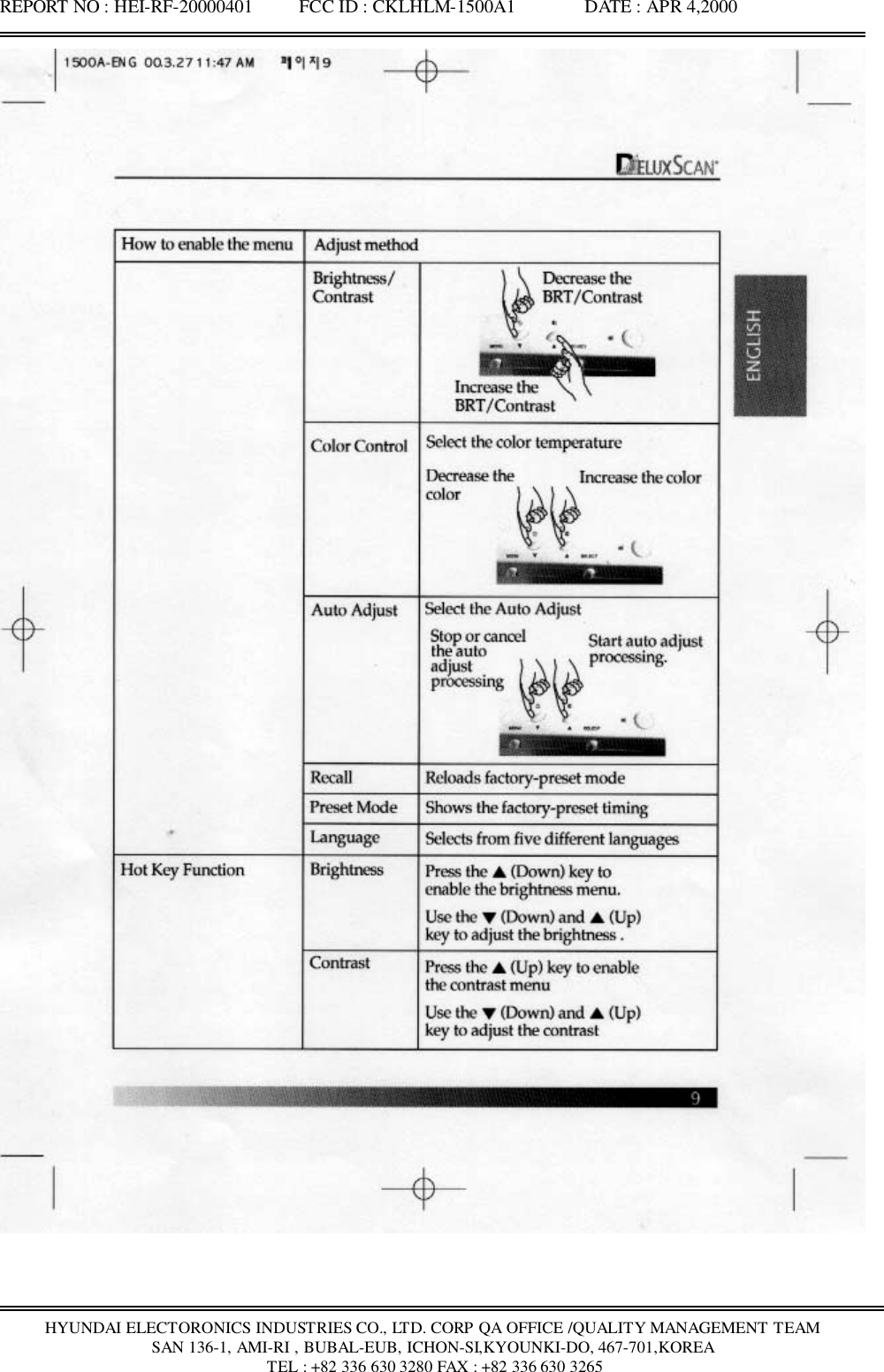 REPORT NO : HEI-RF-20000401          FCC ID : CKLHLM-1500A1               DATE : APR 4,2000HYUNDAI ELECTORONICS INDUSTRIES CO., LTD. CORP QA OFFICE /QUALITY MANAGEMENT TEAMSAN 136-1, AMI-RI , BUBAL-EUB, ICHON-SI,KYOUNKI-DO, 467-701,KOREA TEL : +82 336 630 3280 FAX : +82 336 630 3265