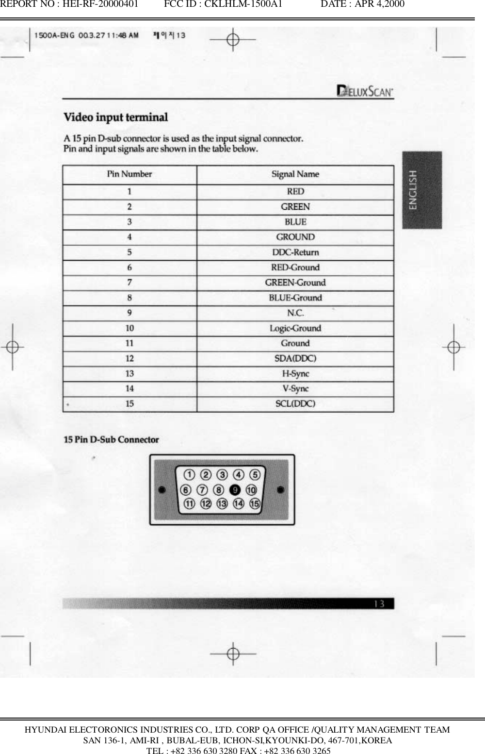 REPORT NO : HEI-RF-20000401          FCC ID : CKLHLM-1500A1               DATE : APR 4,2000HYUNDAI ELECTORONICS INDUSTRIES CO., LTD. CORP QA OFFICE /QUALITY MANAGEMENT TEAMSAN 136-1, AMI-RI , BUBAL-EUB, ICHON-SI,KYOUNKI-DO, 467-701,KOREA TEL : +82 336 630 3280 FAX : +82 336 630 3265