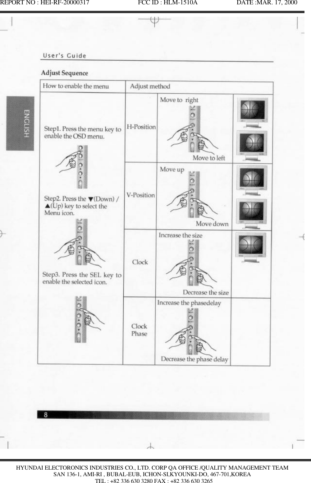 REPORT NO : HEI-RF-20000317               FCC ID : HLM-1510A            DATE :MAR. 17, 2000HYUNDAI ELECTORONICS INDUSTRIES CO., LTD. CORP QA OFFICE /QUALITY MANAGEMENT TEAMSAN 136-1, AMI-RI , BUBAL-EUB, ICHON-SI,KYOUNKI-DO, 467-701,KOREA TEL : +82 336 630 3280 FAX : +82 336 630 3265