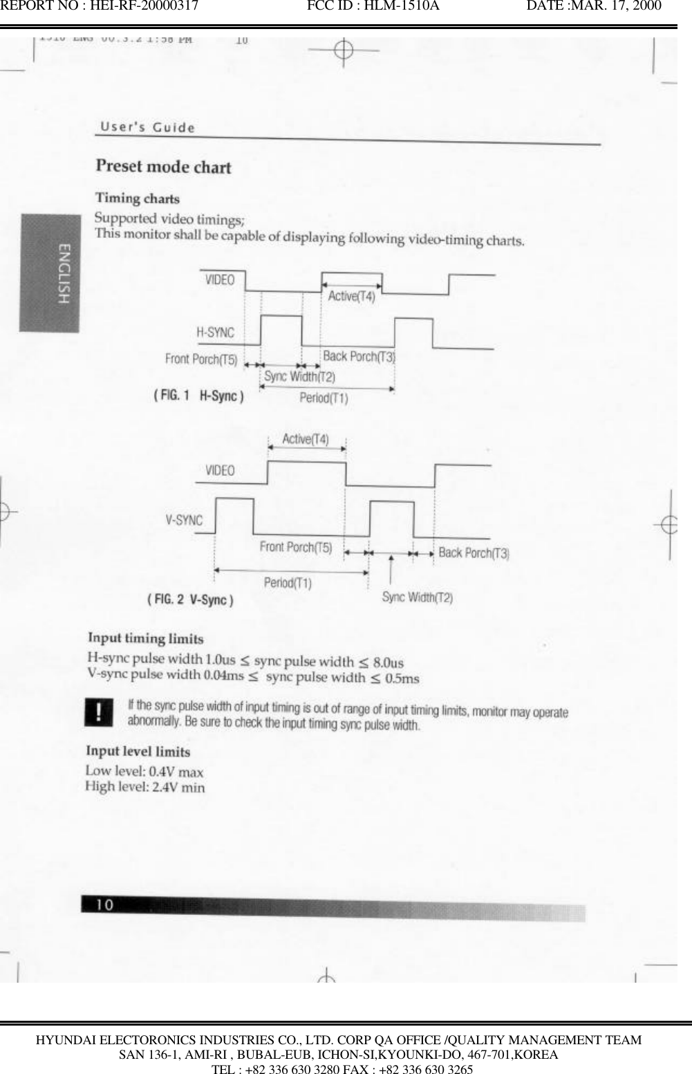 REPORT NO : HEI-RF-20000317               FCC ID : HLM-1510A            DATE :MAR. 17, 2000HYUNDAI ELECTORONICS INDUSTRIES CO., LTD. CORP QA OFFICE /QUALITY MANAGEMENT TEAMSAN 136-1, AMI-RI , BUBAL-EUB, ICHON-SI,KYOUNKI-DO, 467-701,KOREA TEL : +82 336 630 3280 FAX : +82 336 630 3265