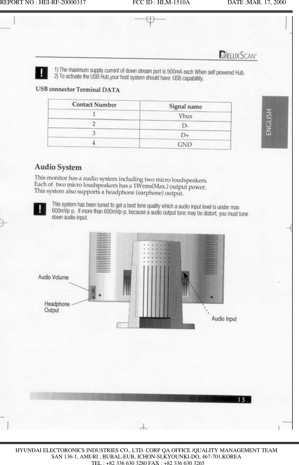 REPORT NO : HEI-RF-20000317               FCC ID : HLM-1510A            DATE :MAR. 17, 2000HYUNDAI ELECTORONICS INDUSTRIES CO., LTD. CORP QA OFFICE /QUALITY MANAGEMENT TEAMSAN 136-1, AMI-RI , BUBAL-EUB, ICHON-SI,KYOUNKI-DO, 467-701,KOREA TEL : +82 336 630 3280 FAX : +82 336 630 3265