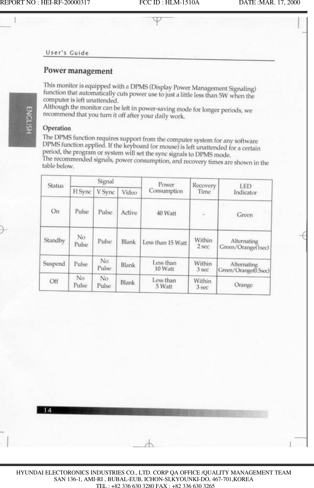 REPORT NO : HEI-RF-20000317               FCC ID : HLM-1510A            DATE :MAR. 17, 2000HYUNDAI ELECTORONICS INDUSTRIES CO., LTD. CORP QA OFFICE /QUALITY MANAGEMENT TEAMSAN 136-1, AMI-RI , BUBAL-EUB, ICHON-SI,KYOUNKI-DO, 467-701,KOREA TEL : +82 336 630 3280 FAX : +82 336 630 3265